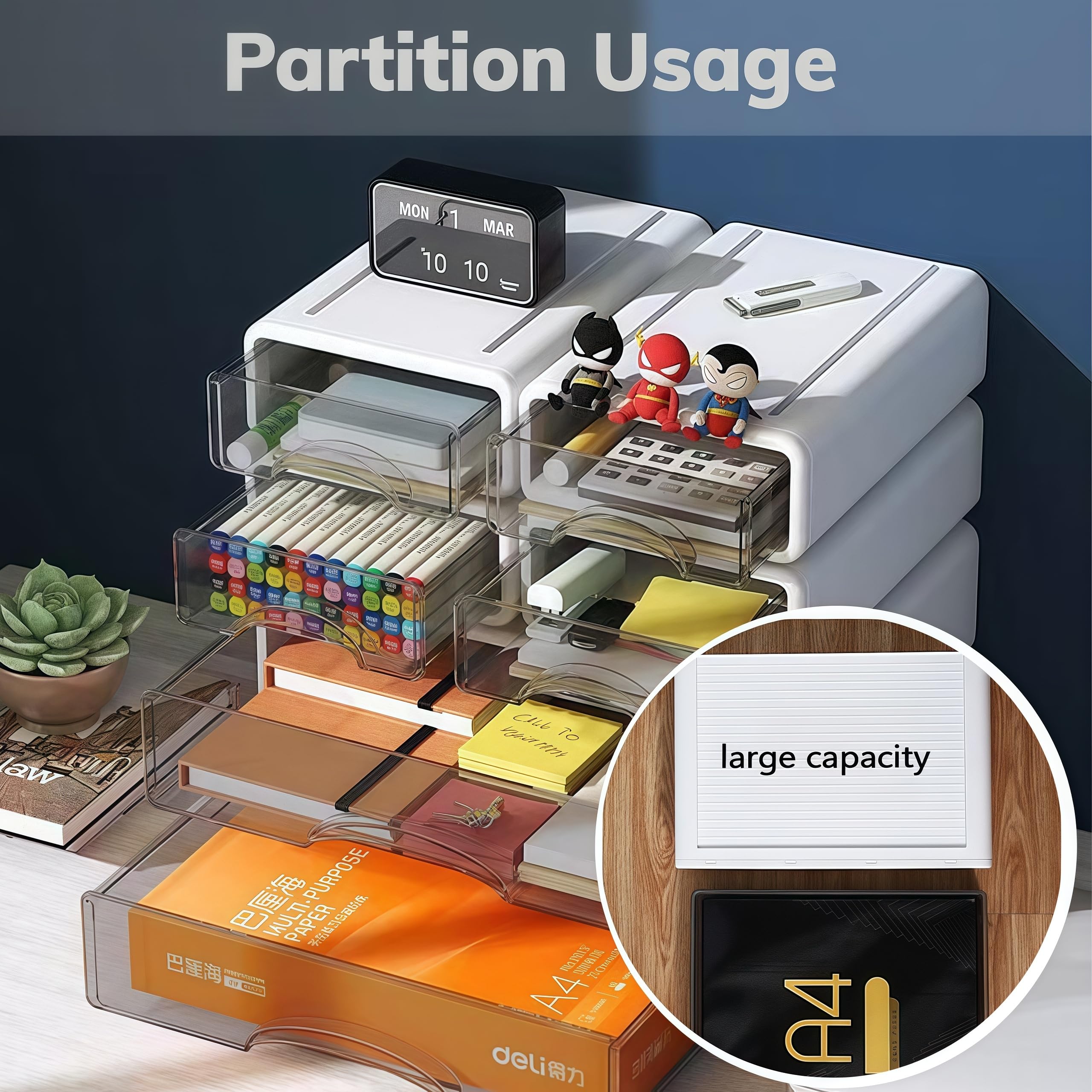 Organizer da scrivania a 5 ripiani, impilabile, bianco, con 5 cassetti, in plastica, per la collezione della casa, il trucco, forniture per ufficio