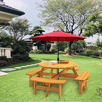 8 Person Outdoor Picnic Table with Wooden Bench, Round Picnic Table Dining Table w/ 4 Built-in Benches ,Umbrella Hole, Outside Table and Bench Set for Garden, Backyard, Porch, Patio, 2220lb Capacity