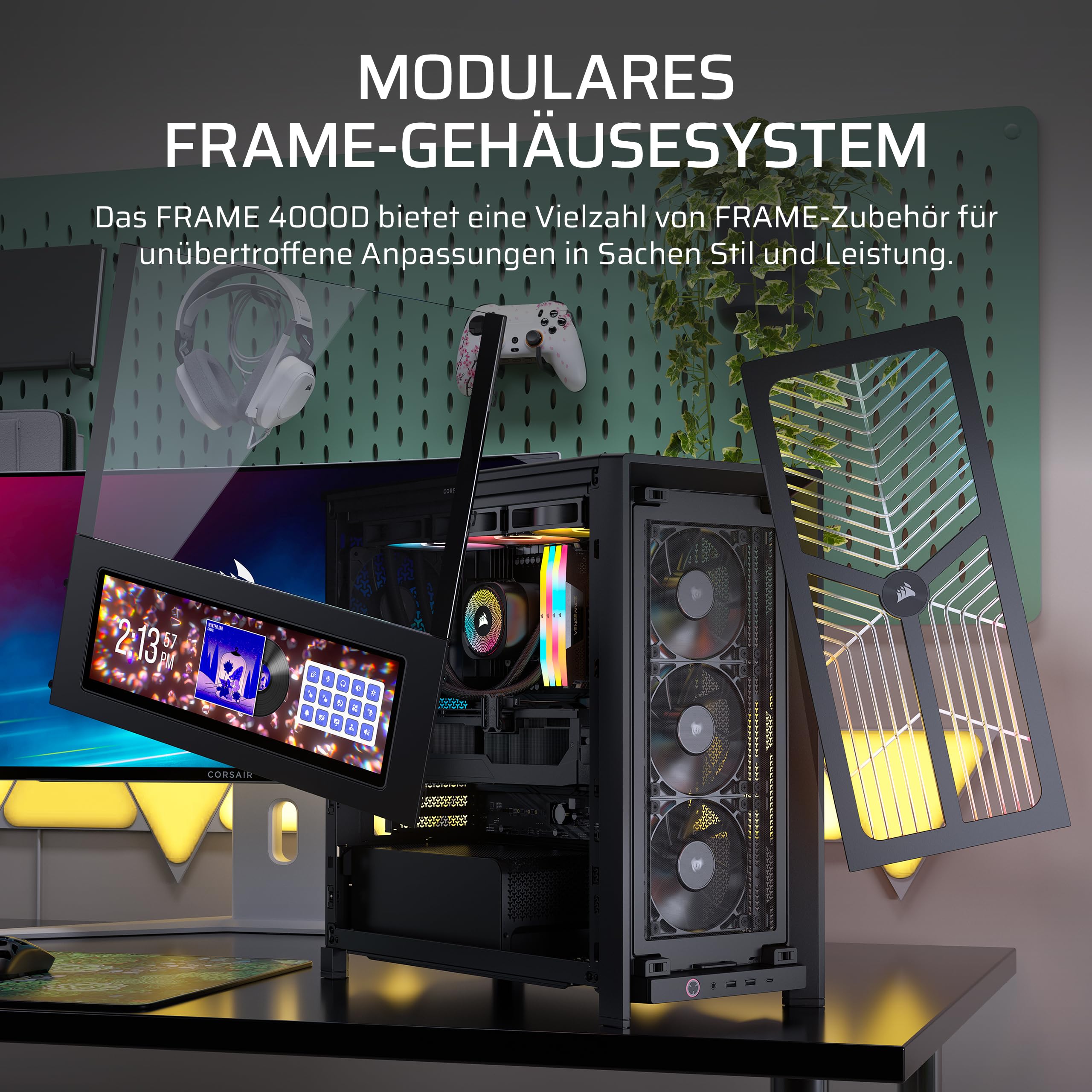 CORSAIR Frame 4000D Wood RS Mid-Tower-ATX-PC-Gehäuse – Schwarz & Walnuss | Modulares, Holzfrontpanel, 4x RS120 PWM-Lüfter Enthalten, InfiniRail-Lüfterhalterungssystem, GPU-Anti-Sag-Stabilisierungsarm