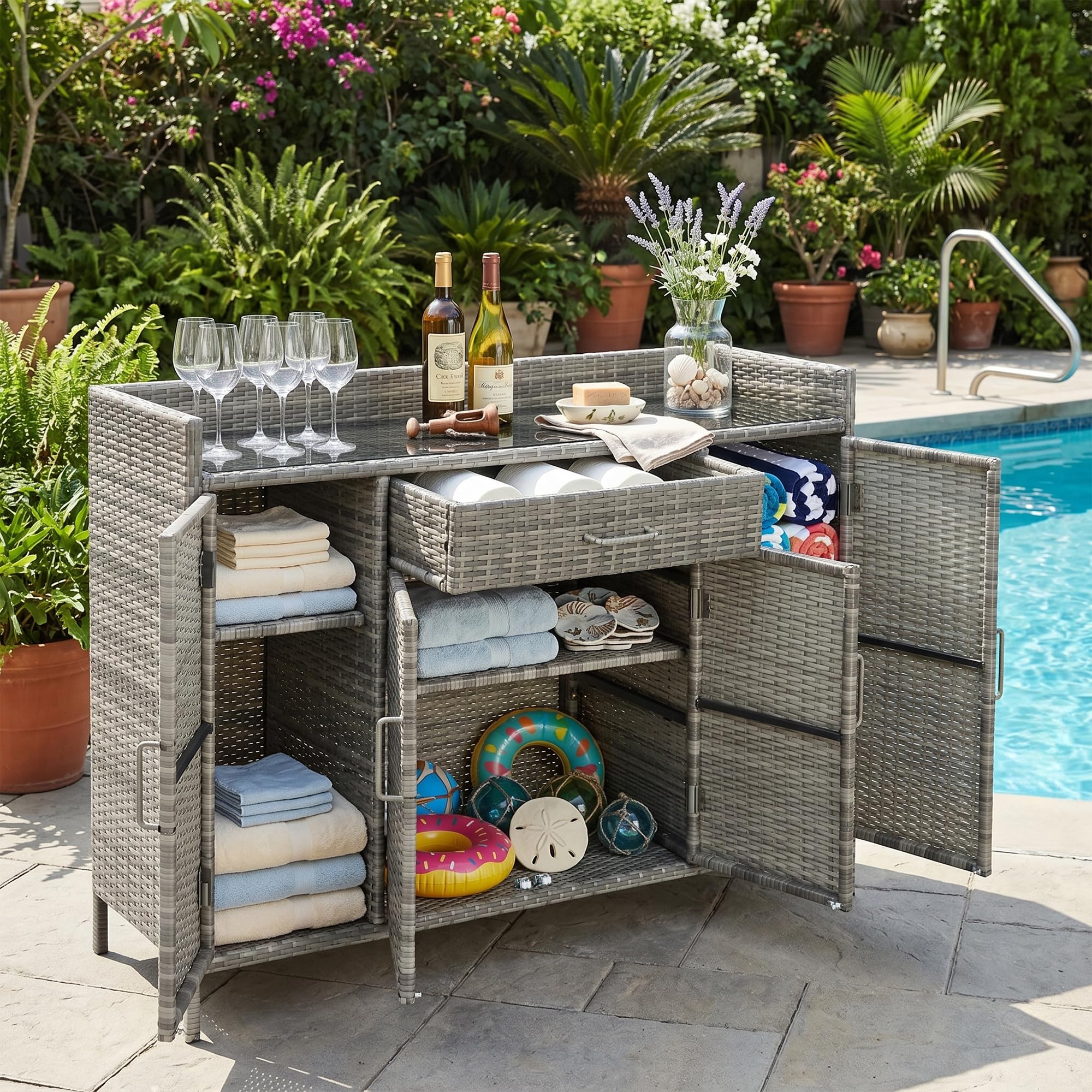 Photo 1 of Merax 53.2" Patio Wicker Storage Cabinet, Outdoor Waterproof Patio Bar Table with Drawer and Shelves, Wicker Buffet Cabinet Sideboard for Poolside and Backyard, Gray