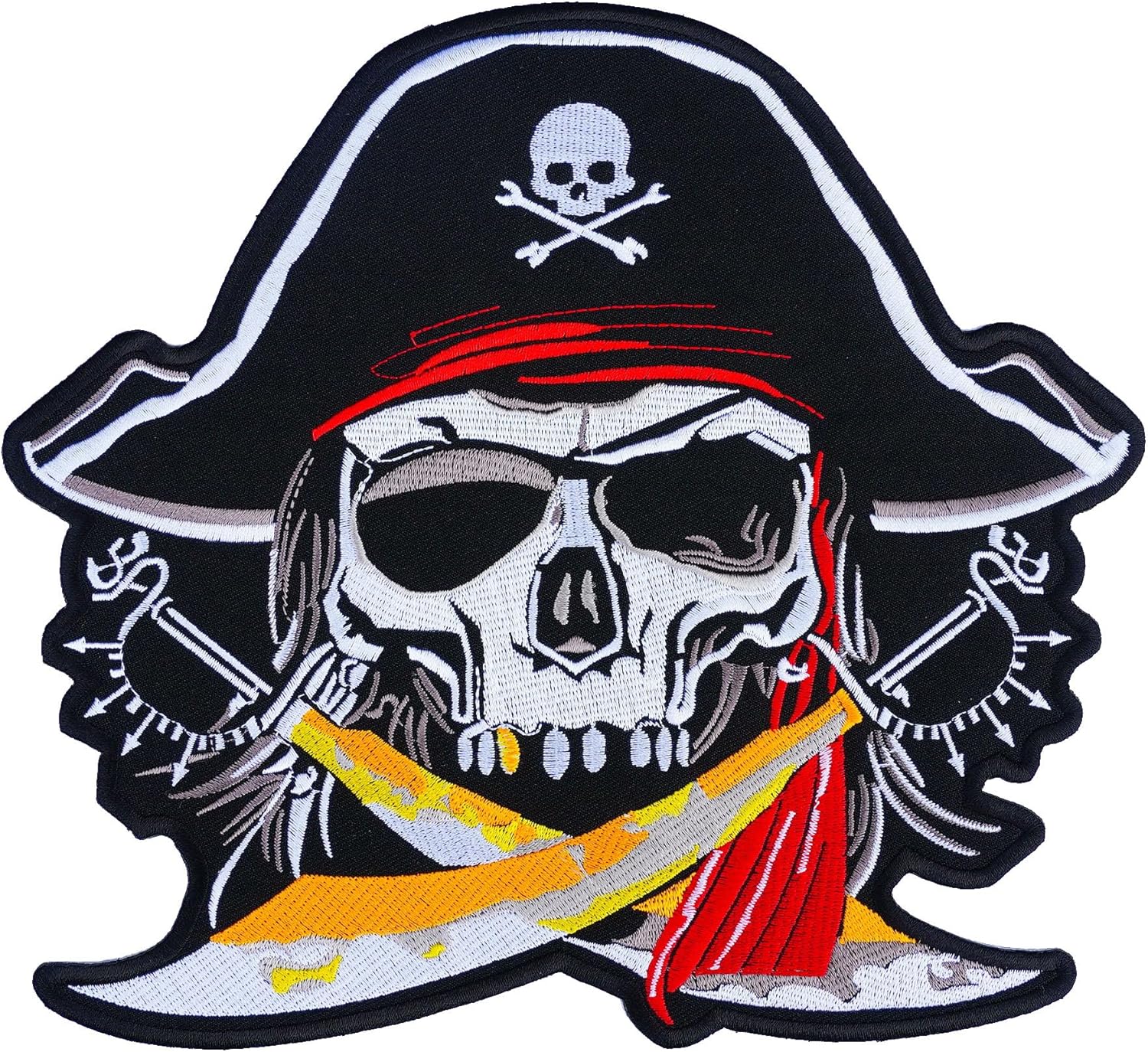 [Extra Large] Skull Pirate Iron On Embroidered Patch Skeleton Ghost Biker Badge Black Cross Symbol Motorcycle Racing Jean Jacket Backpack Heavy Metal Car Flames (Extra Large Size)