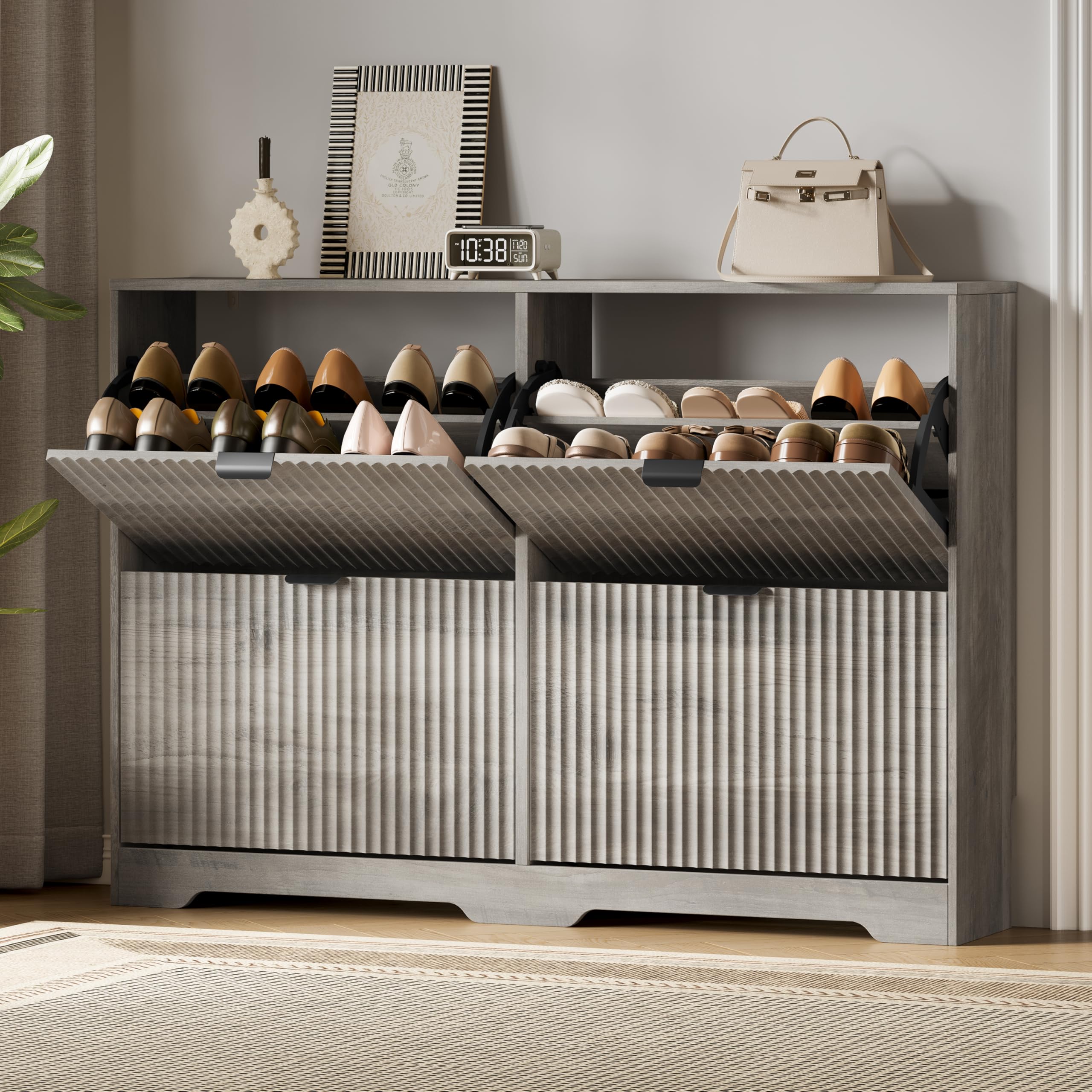 Xixini Shoe Storage Cabinet for Entryway with 4 Flip Drawers, Hidden Slim Wood Shoe Organizer with Modern Fluted Panel, Freestanding Narrow Shoe Rack for Front Door Entrance, Hallway, Foyer, Grey