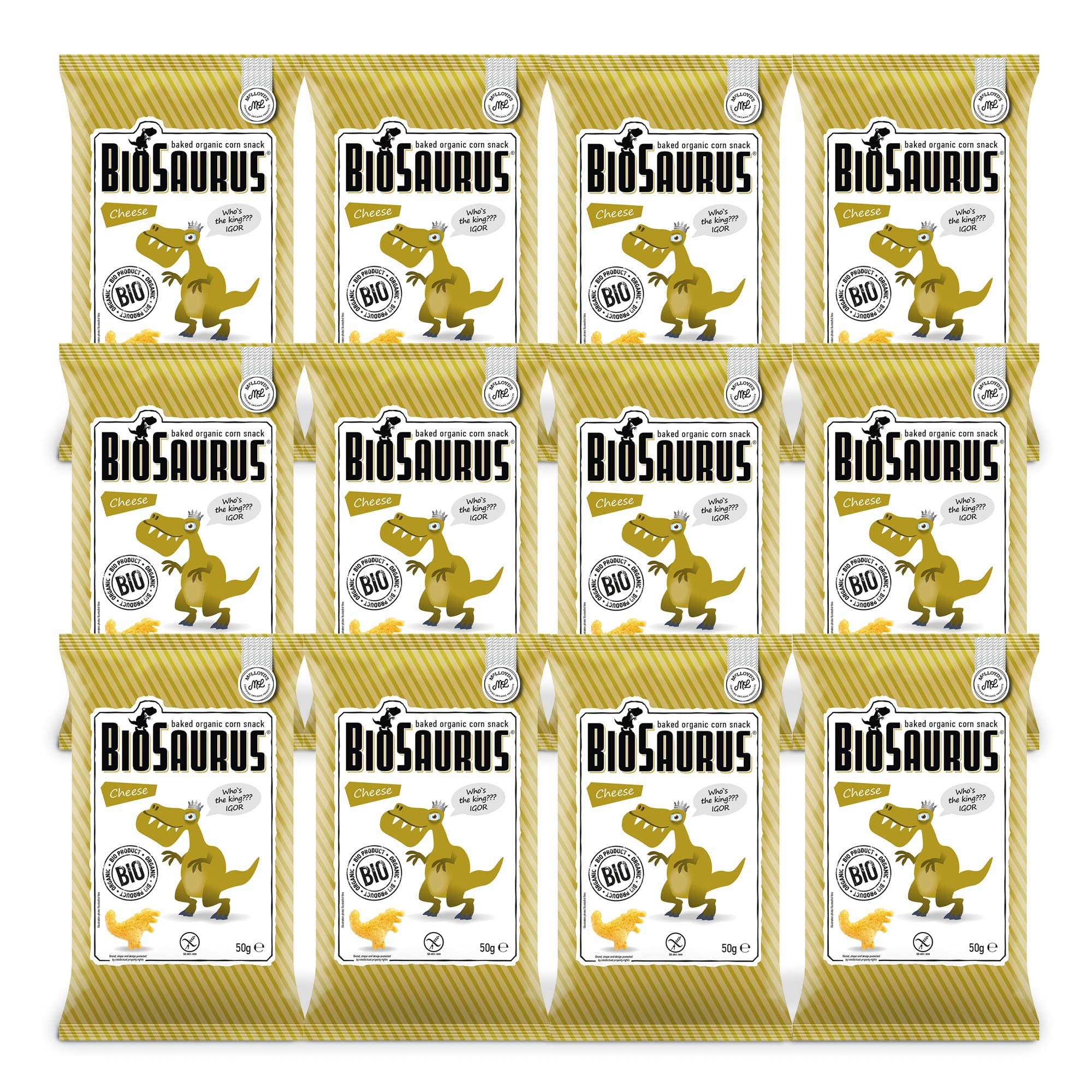 Biosaurus - Pack de 12 Bolsas de 50 Gr - Snack Ecológico de Maiz con Queso - Apto para Veganos