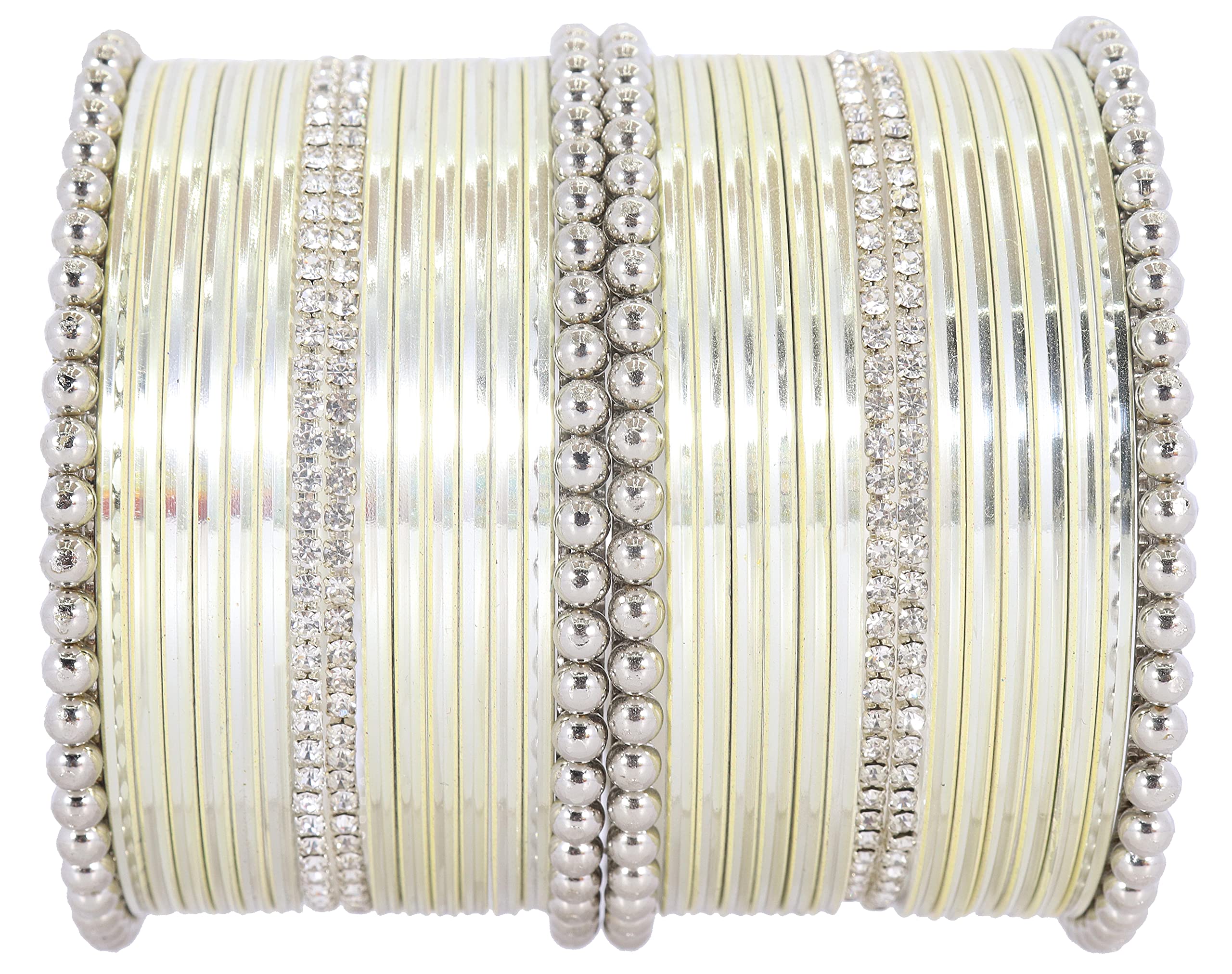 NMIINon-Precious Metal Base Metal Studded with Zircon Gemstone and Ball Chain Linked Glossy Finished Bangle Set For Women and Girls