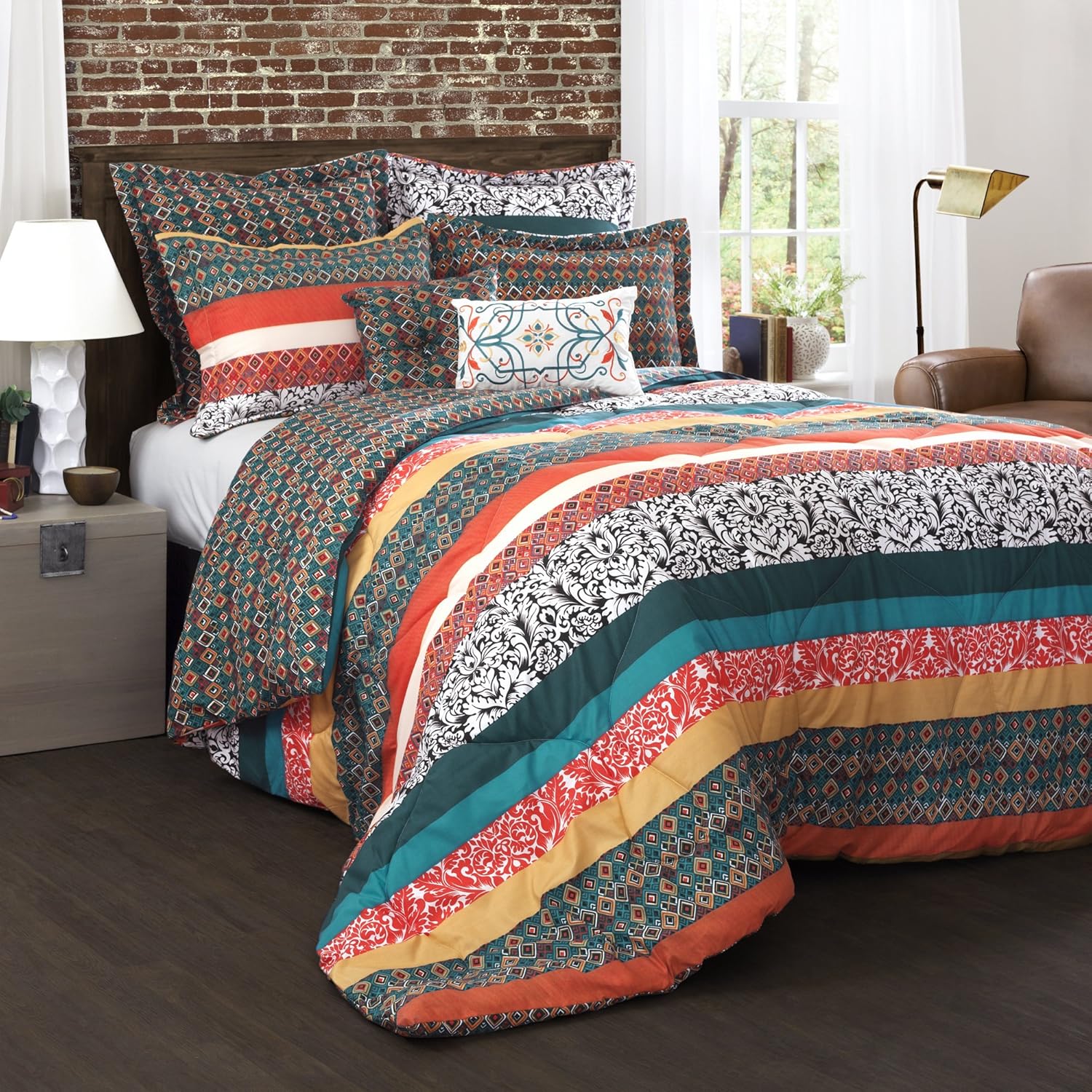 Lush Decor Boho Striped Comforter Bedding Colorful Pattern Bohemian Style Reversible 7 Piece Set, Full/Queen, Turquoise & Tangerine