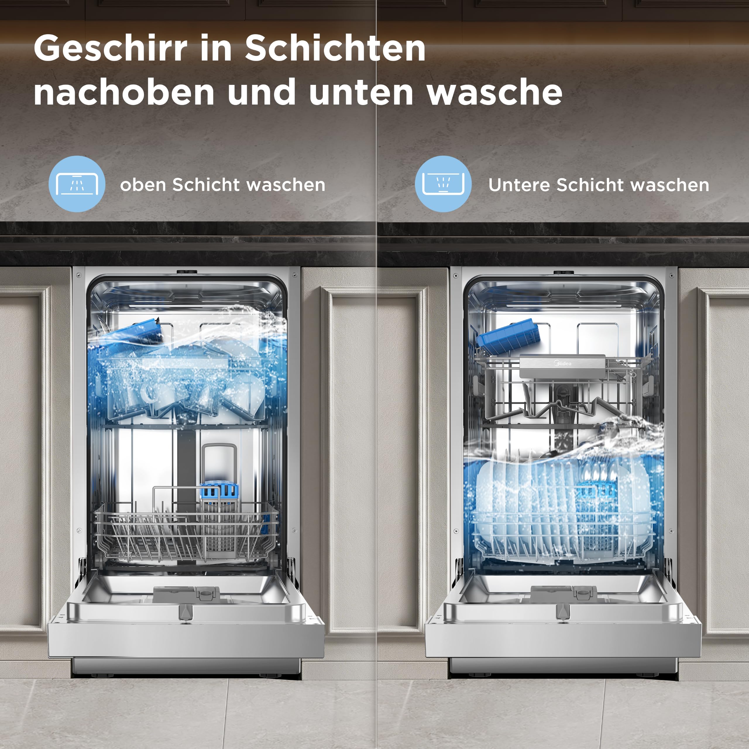 Midea MFD45S200X.1-IT Geschirrspüler, freistehend, mit 10 Decken, 8 Programme, LED-Display, Startvorwahl, Halblastfunktion, extra Trocknung, Edelstahl