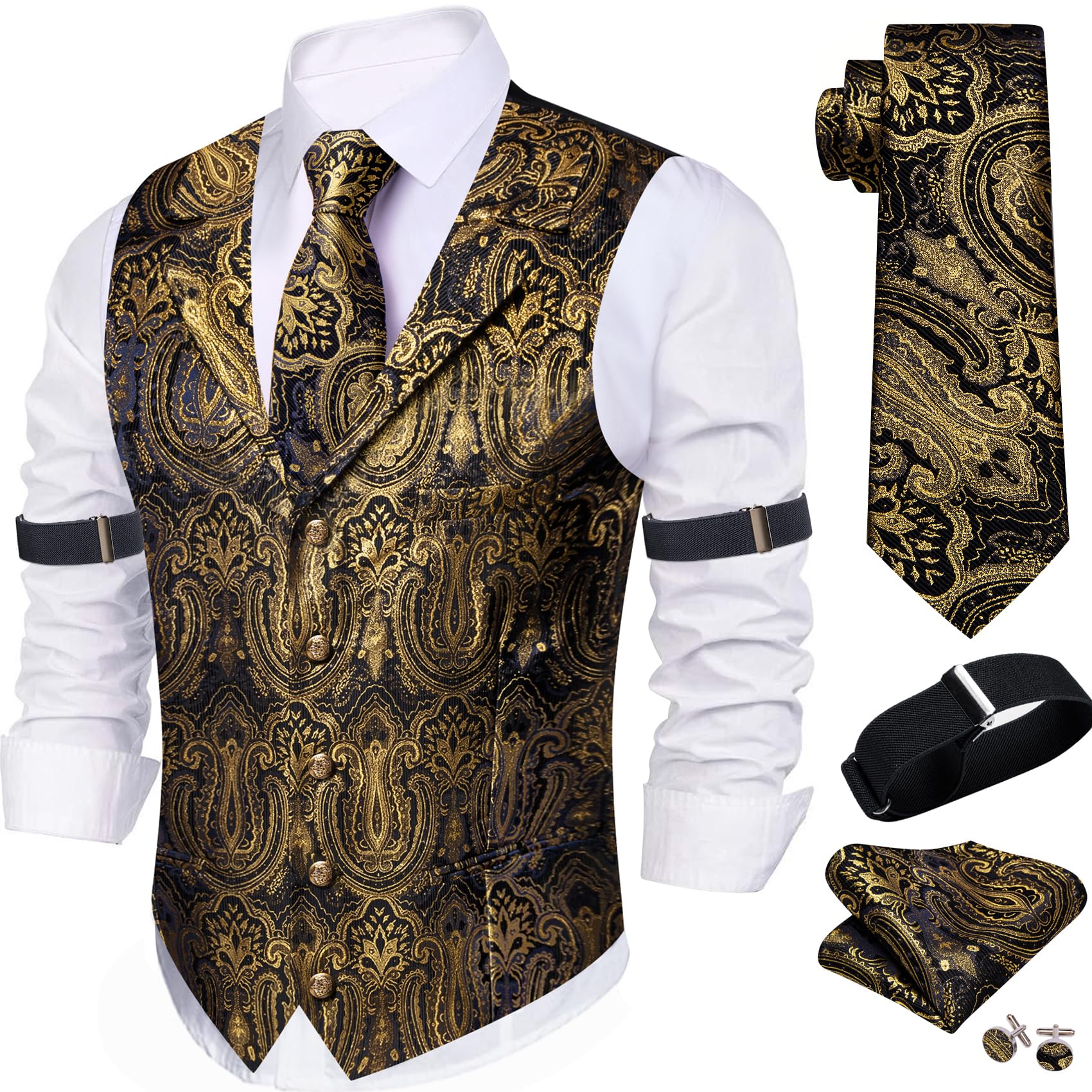 Barry.Wang Mens Silk Paisley/Floral Suit Vest Tie Sleeve Holder Set 5PCS