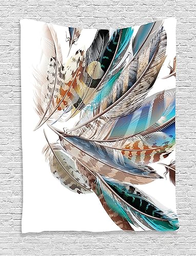 Ambesonne Tapiz de plumas, tipos de vaned y contorno natal de plumas de pájaro y piel de animal, impresión de elementos para colgar en la pared para