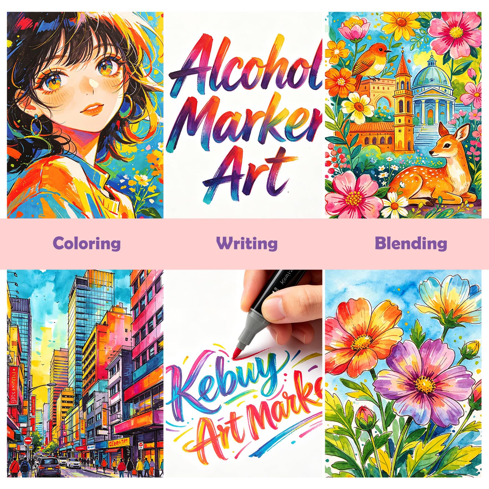 Kebuye Set de marqueurs à alcool - 168 couleurs Marqueurs feutres Twin Tip Marqueurs à alcool avec sacoche de transport pour artistes, enfants, adultes, peinture, dessin, manga, design