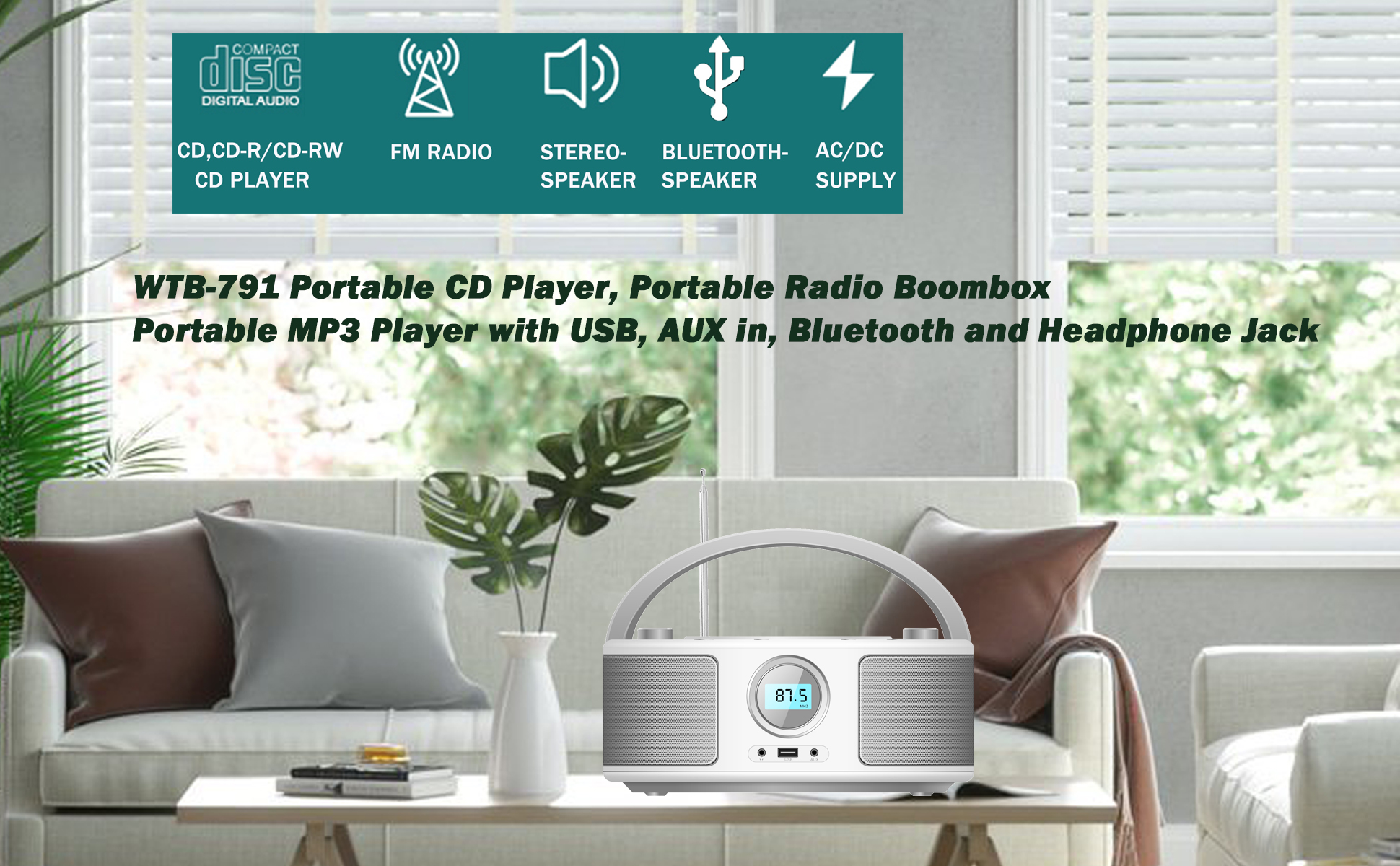 Watch WTB-791 Portable CD Player Boombox with Bluetooth,FM Radio