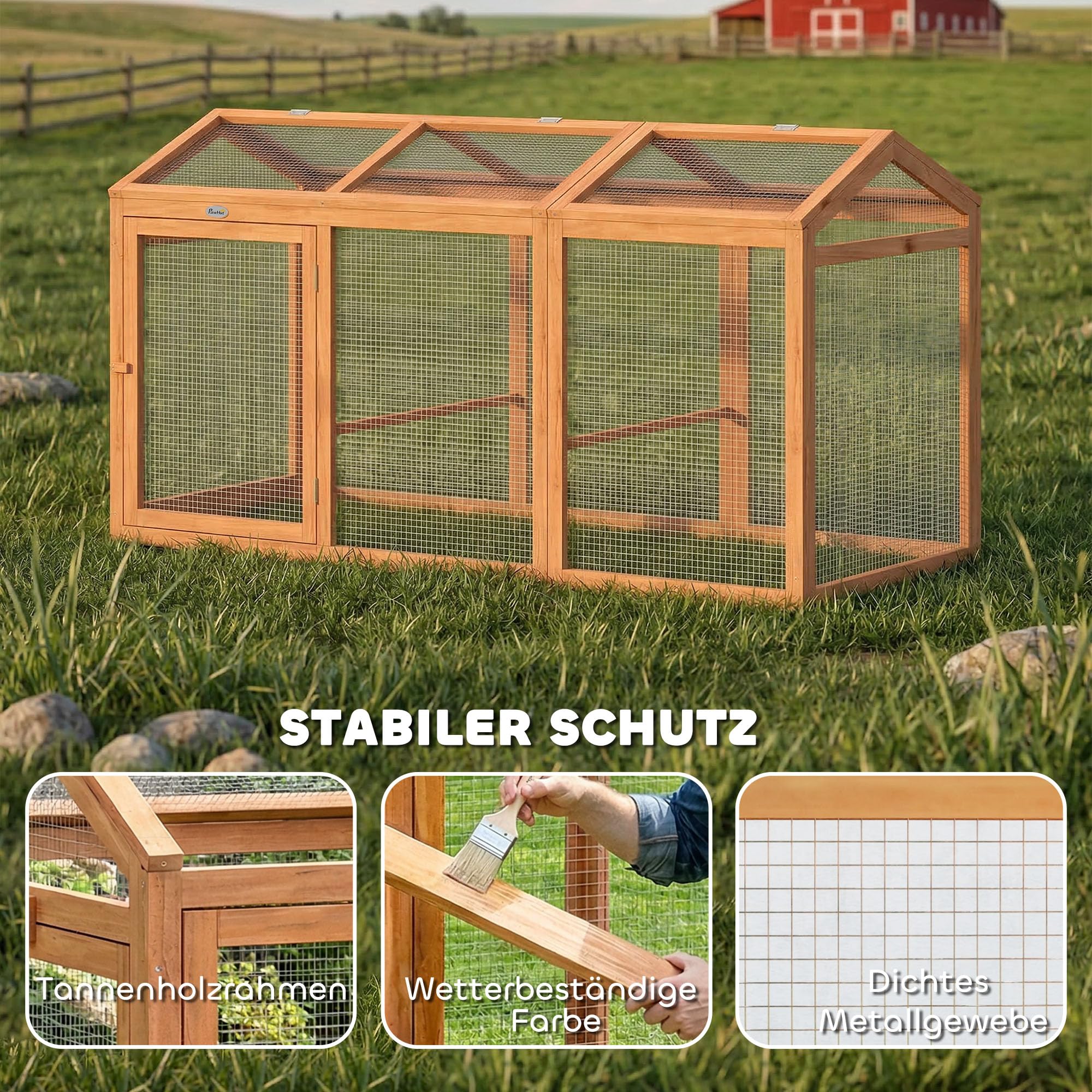 PawHut Hühnerstall mit Sitzstange Doppeltüren 156 x 70,5 x 84 cm Orange | Freilaufgehege, Hühnergehege, Hühnerkäfig aus Holz und Metall, Freigehege für 4 Hühner, Kleintiere