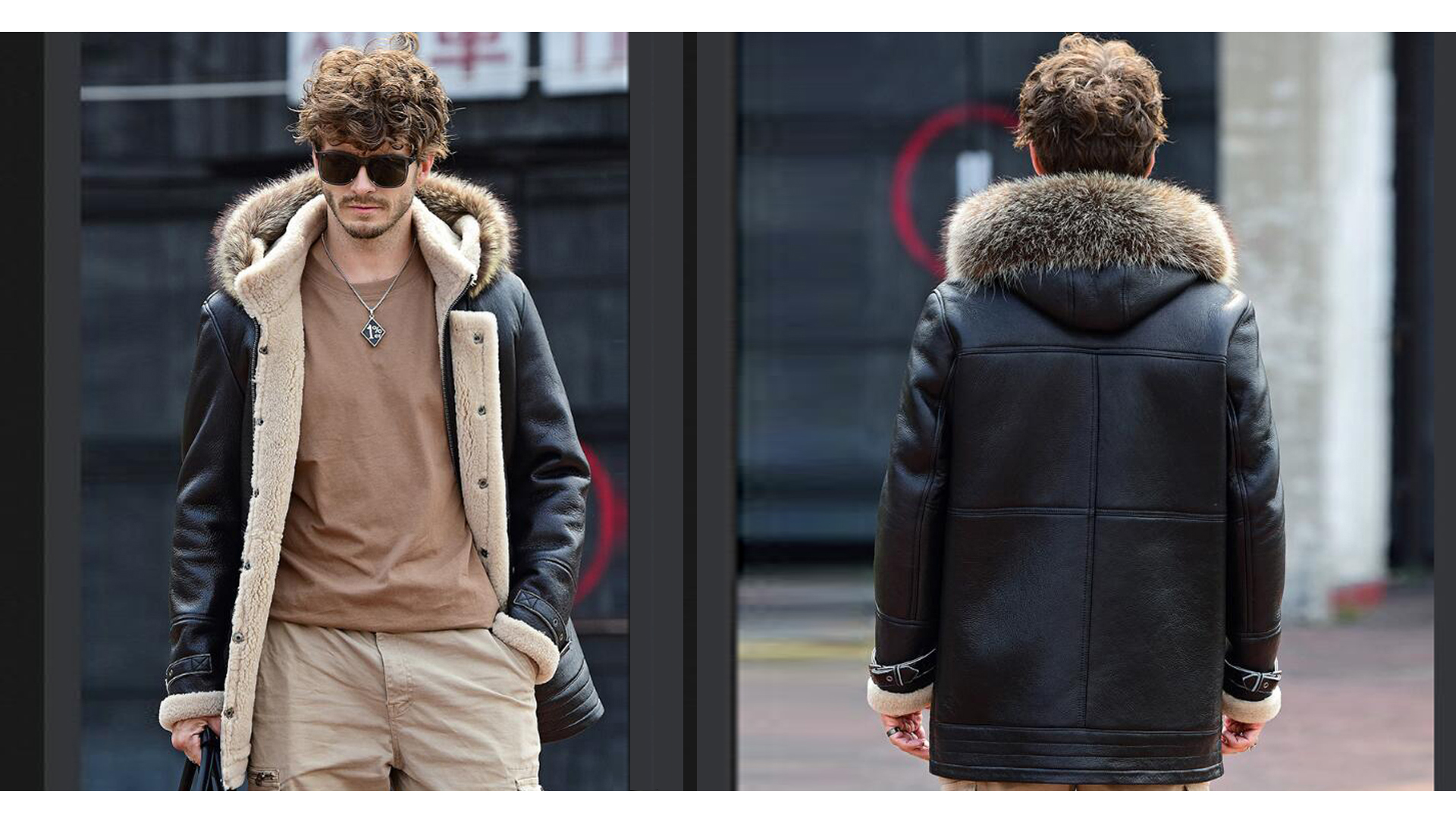 Denny&Dora Mens Black Shearling Jacket Mid-Length Sheepskin Coat