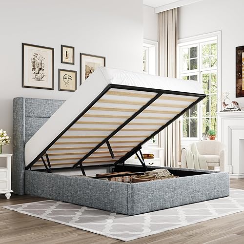 Miniatura 14 de Allewie Cama de almacenamiento elevable tamaño Queen, cabecera moderna con respaldo alado, soporte hidráulico, no necesita somier, color beige claro
