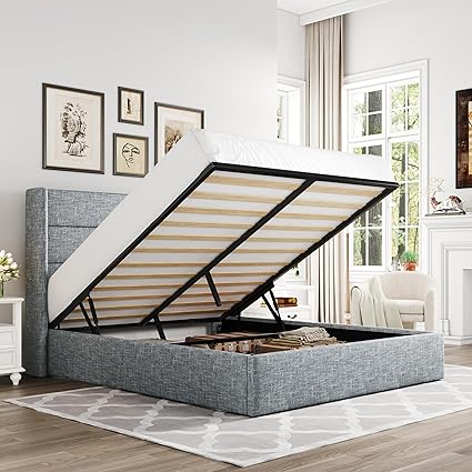 Allewie Queen Size Lift Up Storage Bed, Modern Wingback Headboard, Hydraulic Support, No Box Spring Needed, Grey Blue