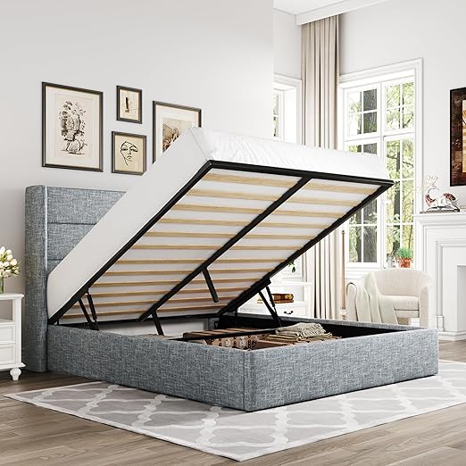 Allewie Queen Size Lift Up Storage Bed, Modern Wingback Headboard, Hydraulic Support, No Box Spring Needed, Grey Blue