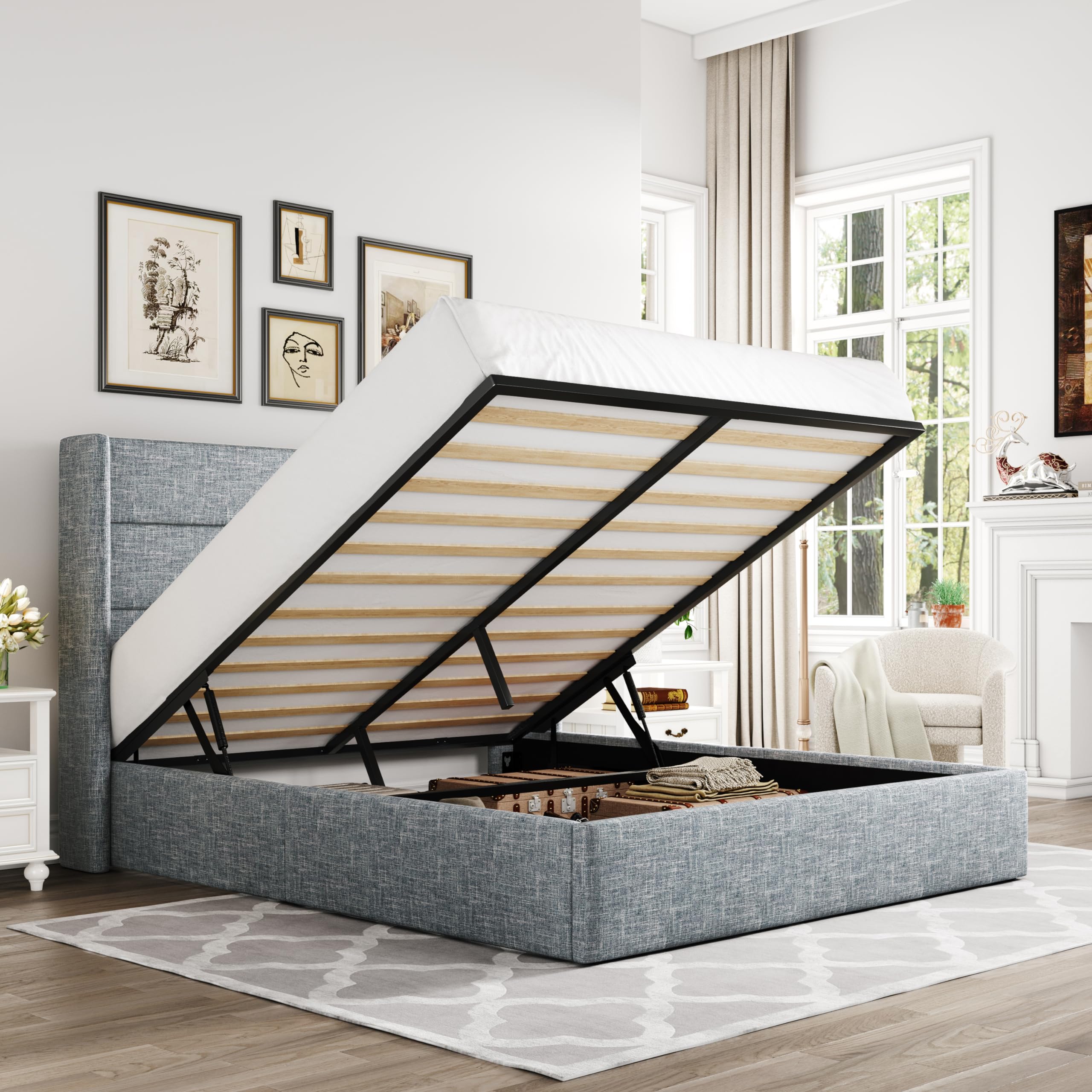 Allewie Queen Size Lift Up Storage Bed, Modern Wingback Headboard, Hydraulic Support, No Box Spring Needed, Grey Blue - 1