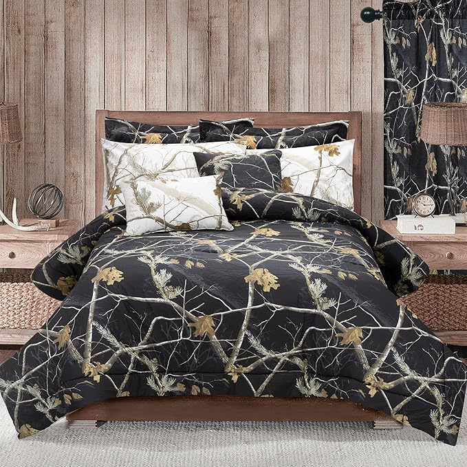 Realtree AP Black Queen Comforter Sets,3Piece Nature Camo
