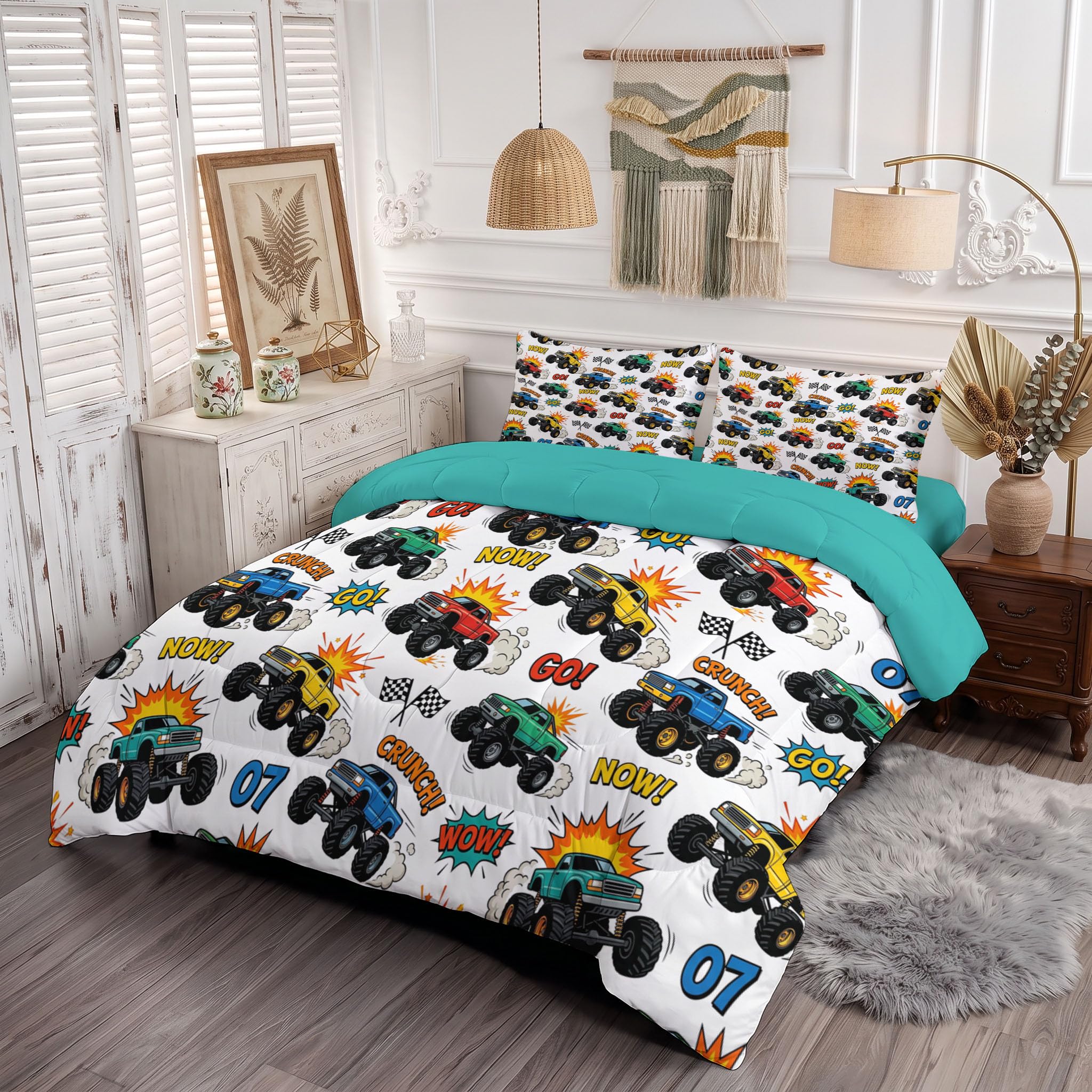 Juego de Edredón Infantil 200x200cm con Almohada para Cama 105 – Relleno Nórdico Vehículo Todoterreno Bigfoot Edredones Estilo Callejero Americano 4 Estaciones Nórdico Conforter, Azul Verdoso