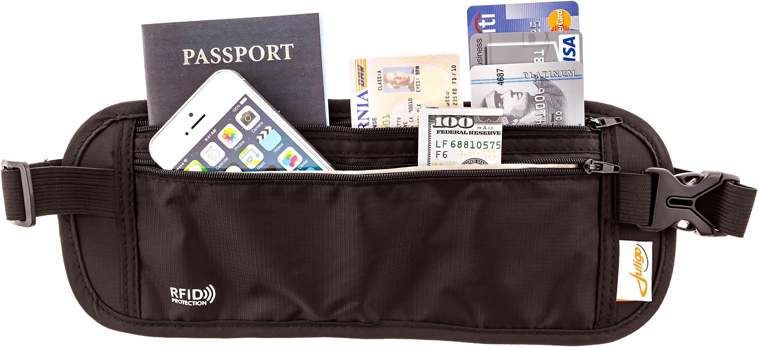 Juligo Money Belts for Travel Hidden Wallet - RFID Blocking - Passport, Credit Cards Safe