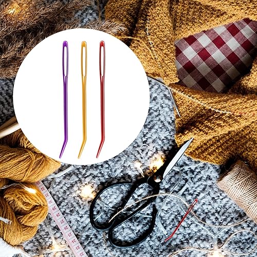 Miniatura 6 de KINBOM 9 agujas de coser, de aluminio coloridas, punta doblada de ojo grande, aguja para tejer, hilo de lana para tejer, agujas de ensanchar para