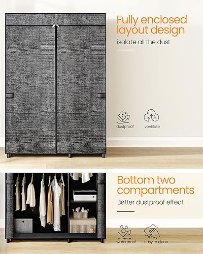 Miniatura 4 de Armario de armario, armario portátil de 48.8 pulgadas para dormitorio, 3 rieles de ropa con cubierta de tela, organizador de almacenamiento de ropa,