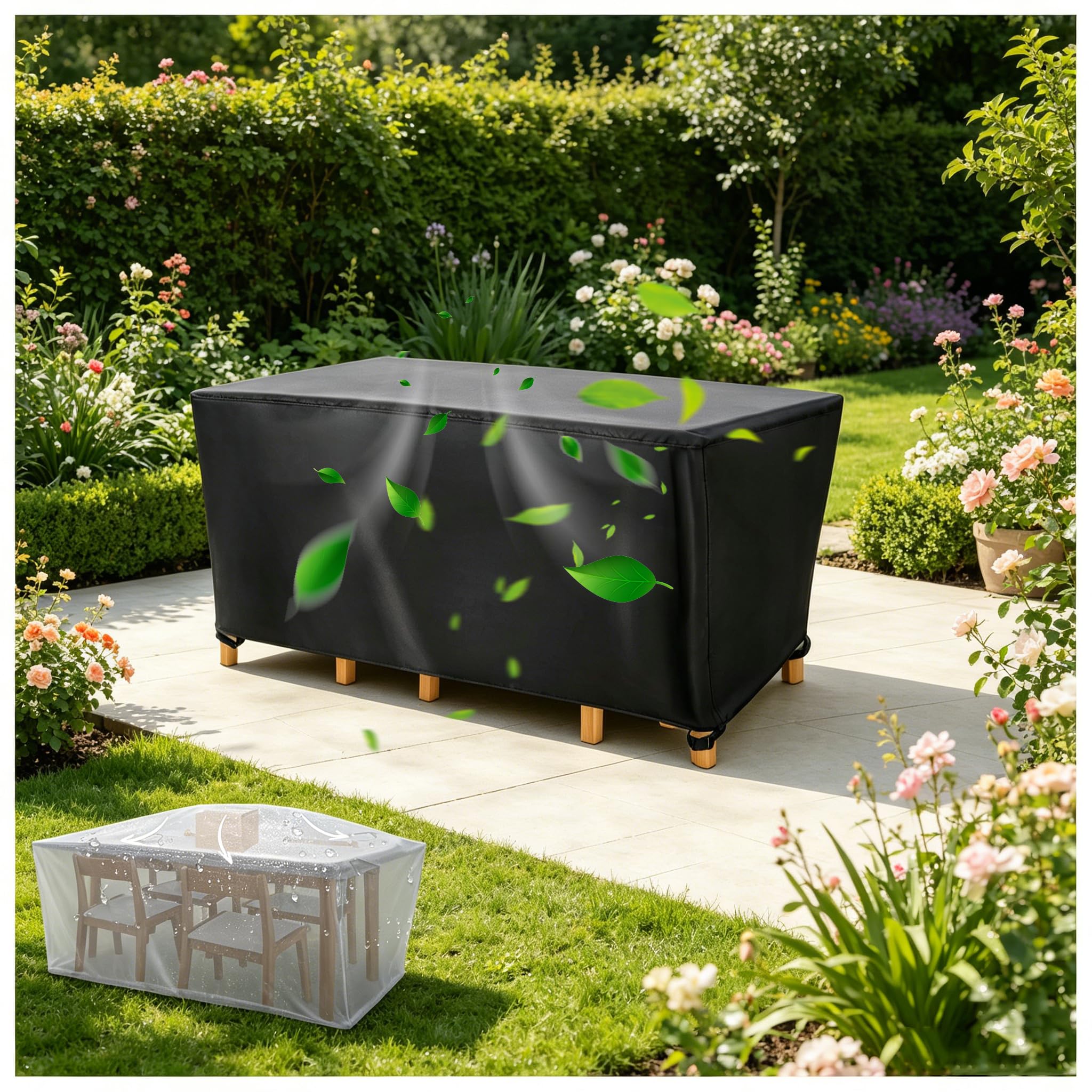 Xinmei Art Heavy Duty Garden Furniture Covers - 50x50x50cm(LxWxH) - Windproof Anti-UV Waterproof 420D Oxford Fabric Patio Table Cover Outdoor Table and Chairs Covers Rectangular