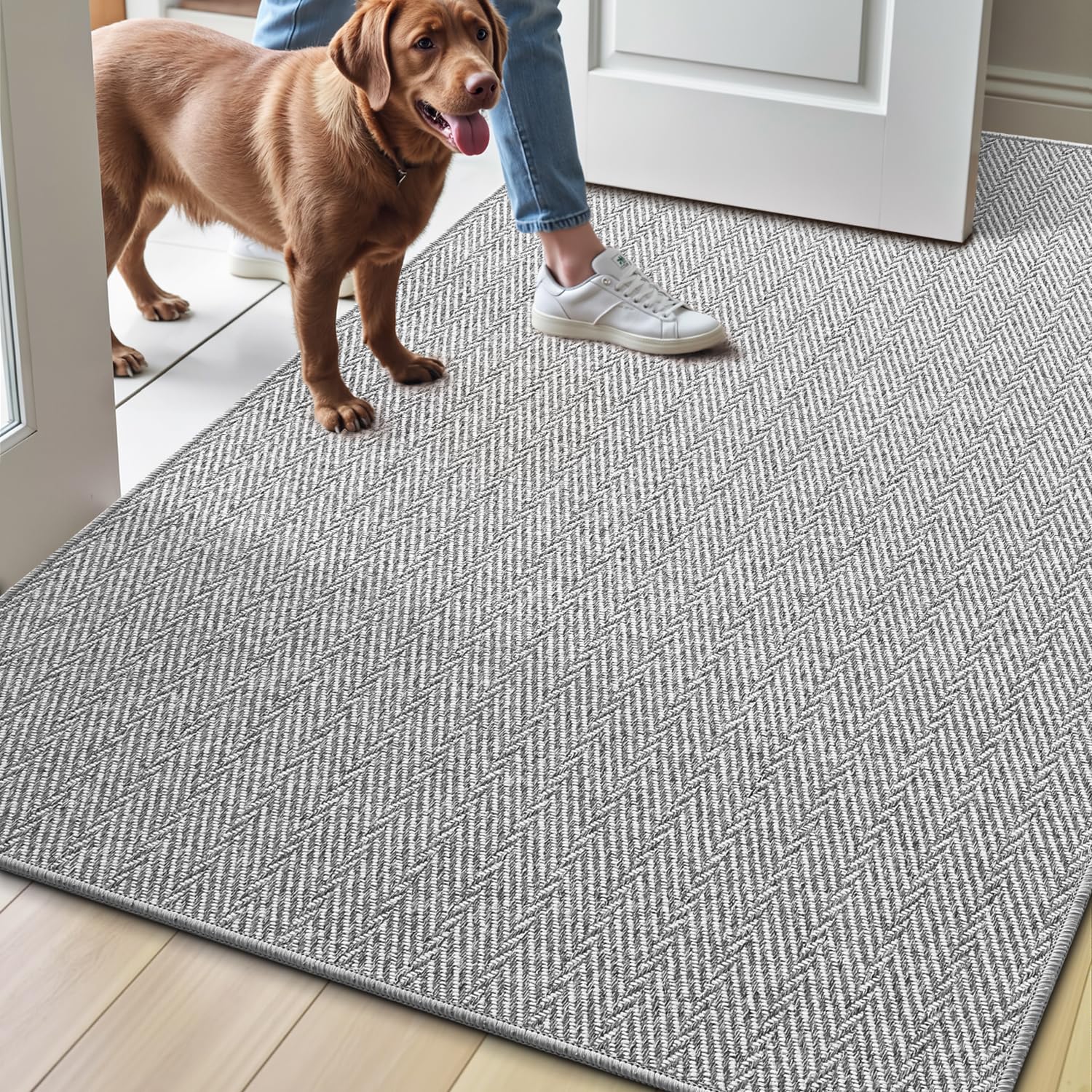 LUMI Ultra Thin Indoor Door Mat for Entrance 48"x72", Non Slip Entryway Mat, Low Profile Doormat, Unique Herringbone Design Carpet for Inside, Patio, Porch, Gray