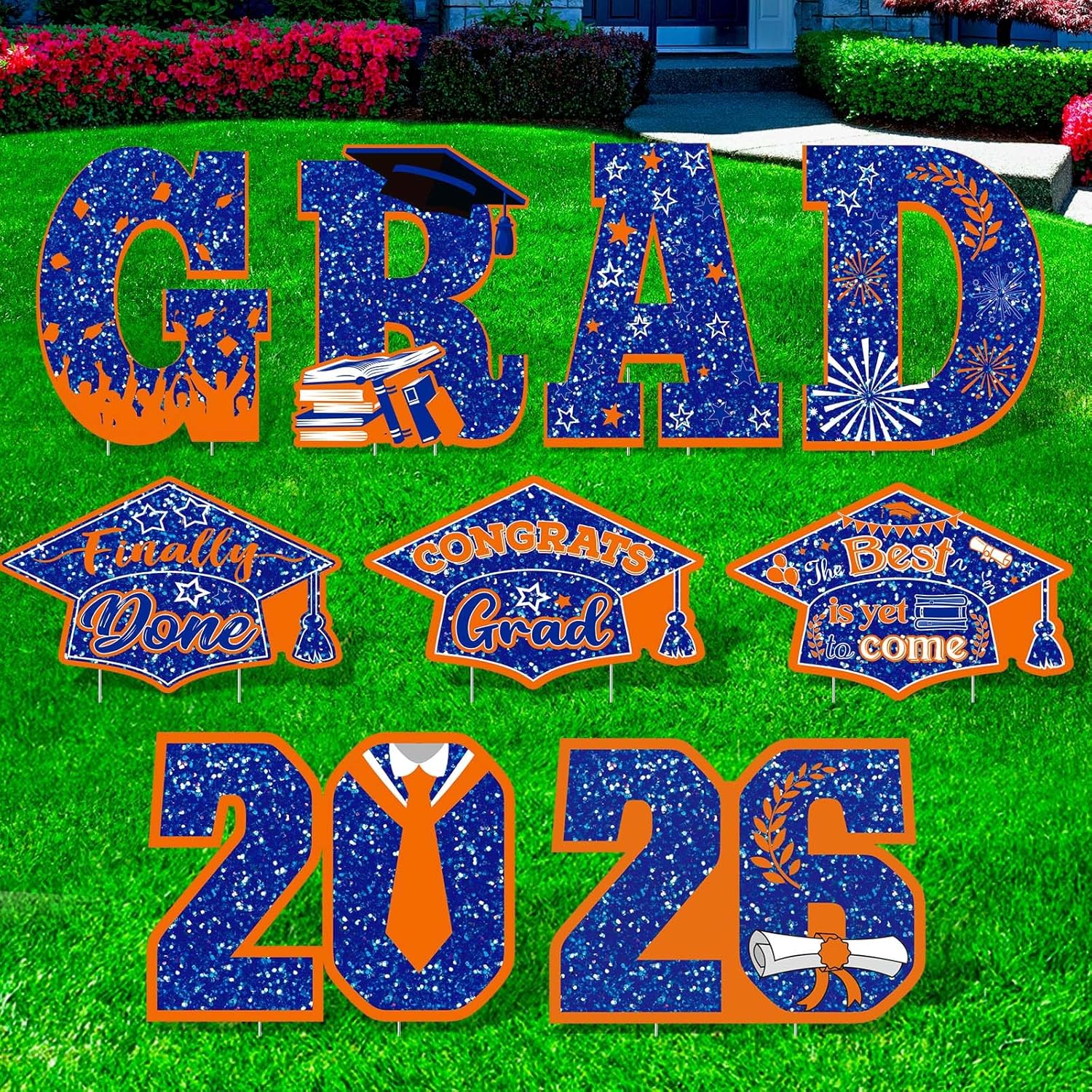 Yalikop Graduation Yard Sign Decorations Class of 2026 Grad Lawn Signs, 9 Pcs 16.5 Inch Congrats Grad Party Yard Signs with 18 Stakes for Outdoor 2026 Graduation Party Decor(Blue Orange)