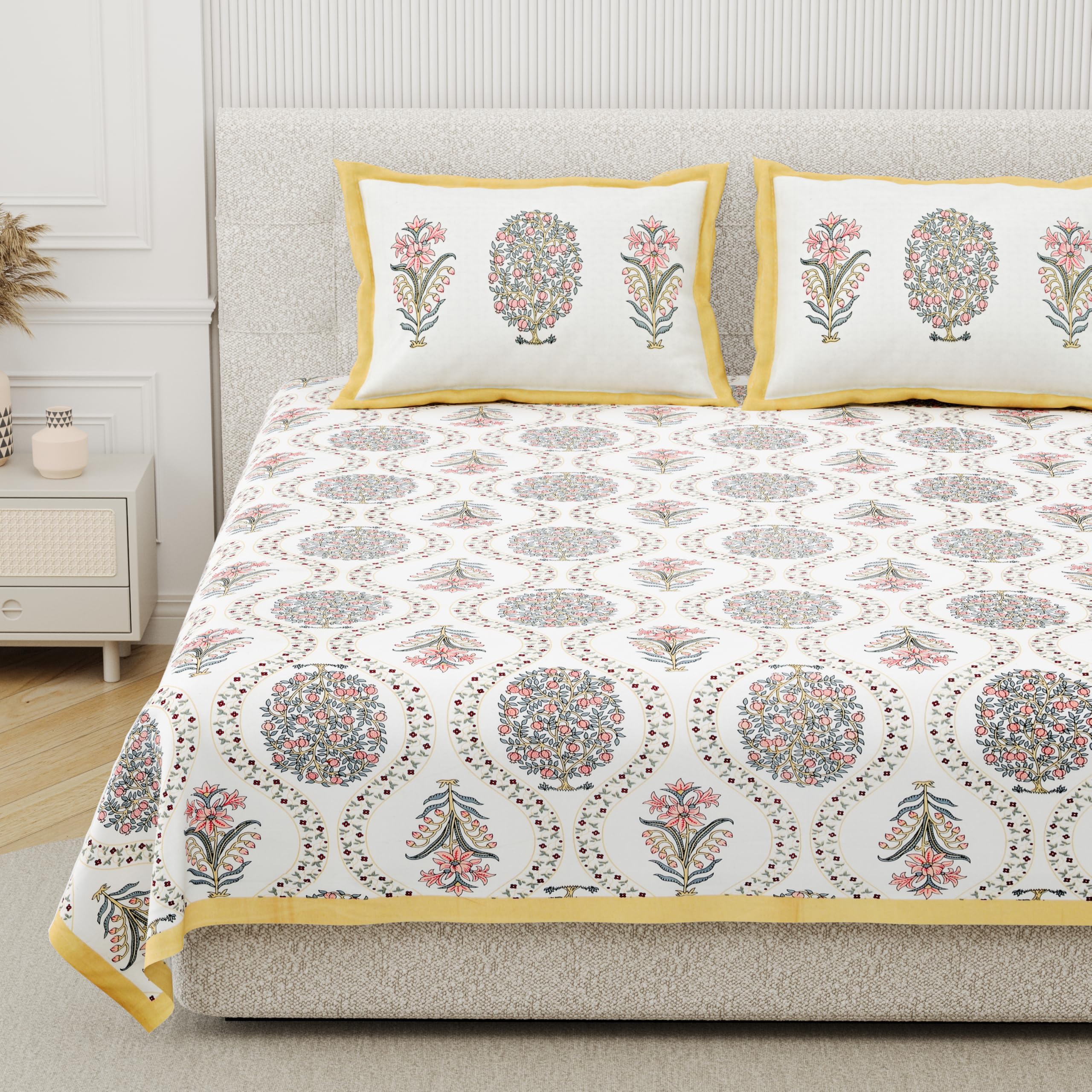 DE CAMA Since 1997 | 100% Cotton 300 TC Premium King Size Bedsheet for Double Bed (90 x 108 Inch) with 2 Pillow Covers Set (17 x 27 Inch) Hand Block Printed Bedsheet Set - Tree Yellow-image-8