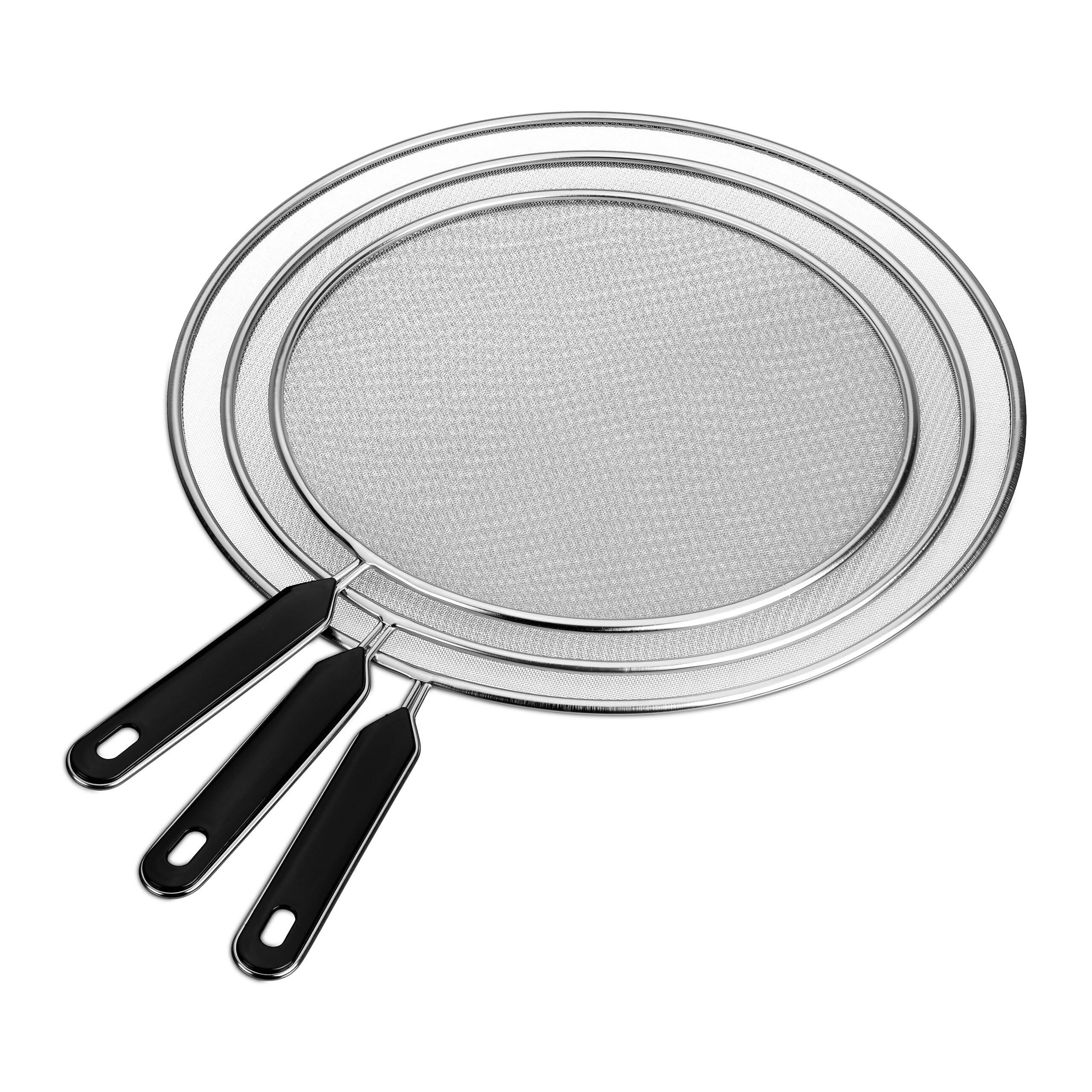 Relaxdays Pan Splatter Guard, 3-Piece Set, Stainless Steel Screens, ∅ 25, 29 & 33 cm, Grease Guard with Handle, Black