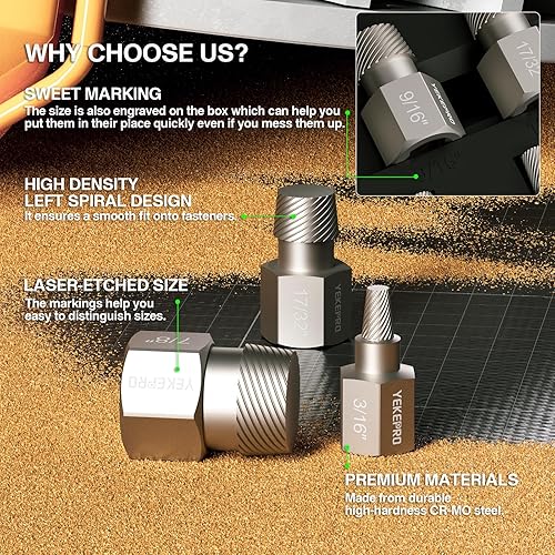 Miniatura 5 de Juego de 27 extractores de tornillos, 38 pulgadas, removedor de pernos de acero de aleación de molibdeno cromado, juego de extractor de pernos de