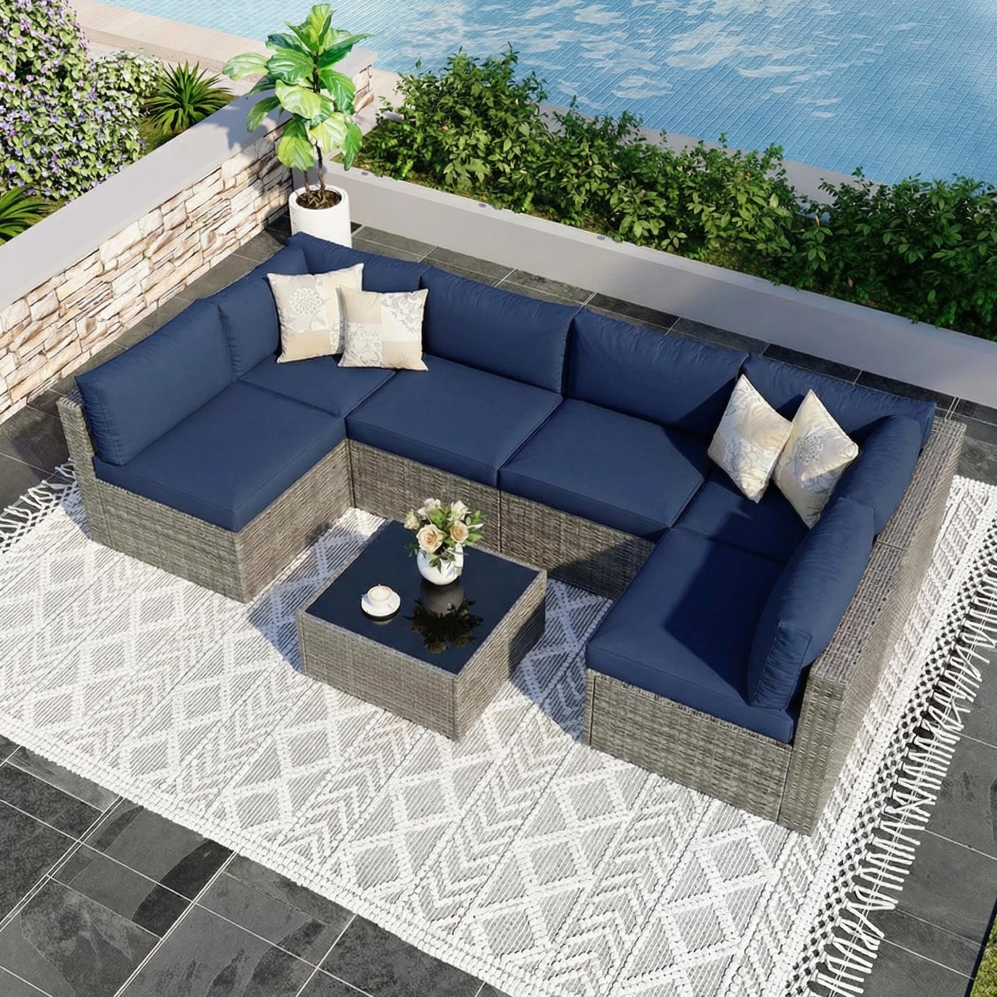 Photo 1 of ***Partial Set*** ***Only Box 3 Of 3*** Wisteria Lane 7 Pieces Outdoor Patio Furniture Set, Wicker Outdoor Patio Sectional Sofas with Coffee Table, All-Weather Patio Conversation Set for Backyard Garden, Navy Blue