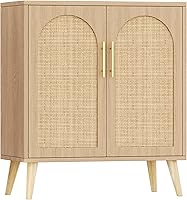 Keehusux Rattan Buffet Cabinet with Storage Doors, Adjustable Shelf & Solid Wood Legs - Boho Sideboard for Kitchen, Dining Room, Natural