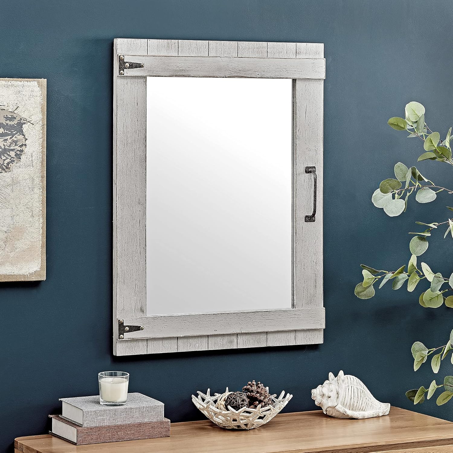 FirsTime Co Gray Weathered Barn Door Wall Mirror Vintage Decor for Bedroom and Bathroom Vanity Wood Farmhouse 32