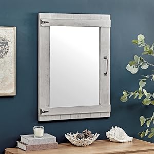 FirsTime Co Gray Weathered Barn Door Wall Mirror Vintage Decor for Bedroom and Bathroom Vanity Wood Farmhouse 32