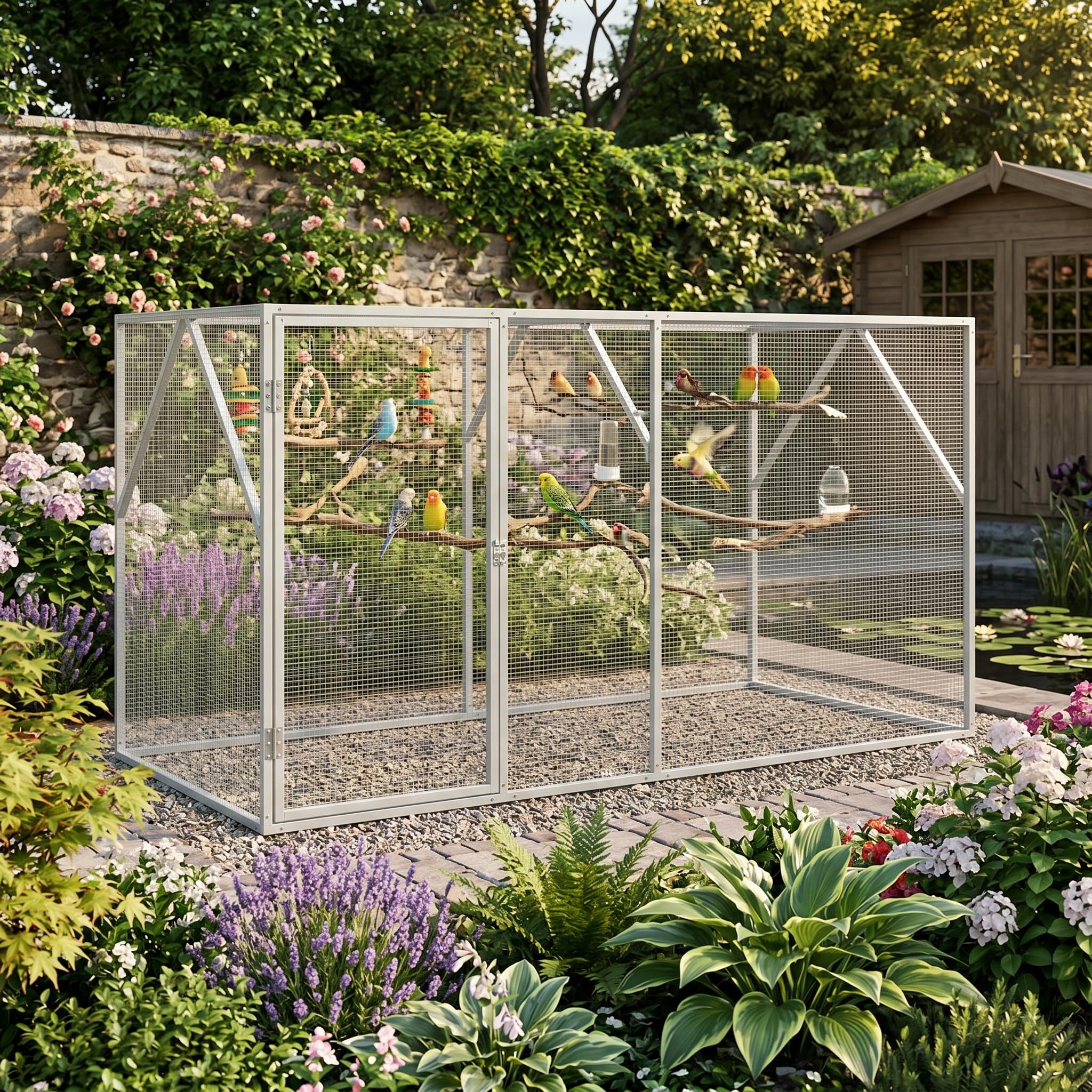 ACAGALA Jaula grande para pájaros, pajarera XXL de metal con puerta y alambre galvanizado, jaula para mascotas para periquitos, pinzones, 208x102x108 cm