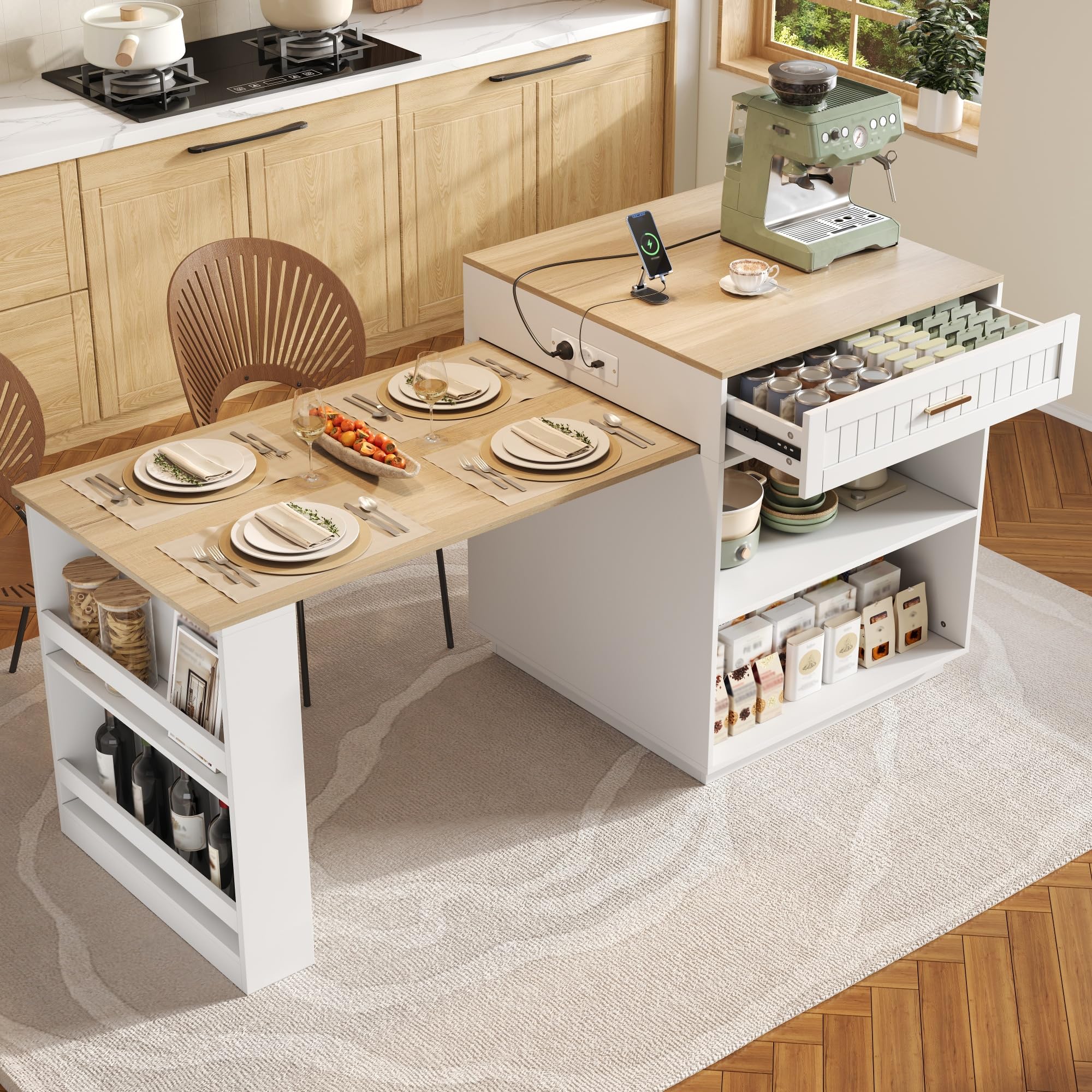 Mobile a isola da cucina, tavolo da bar allungabile con spazio e ruote, mobile da cucina con cassetti e mensola, 121,5-192 x 70 x 92 cm, bianco