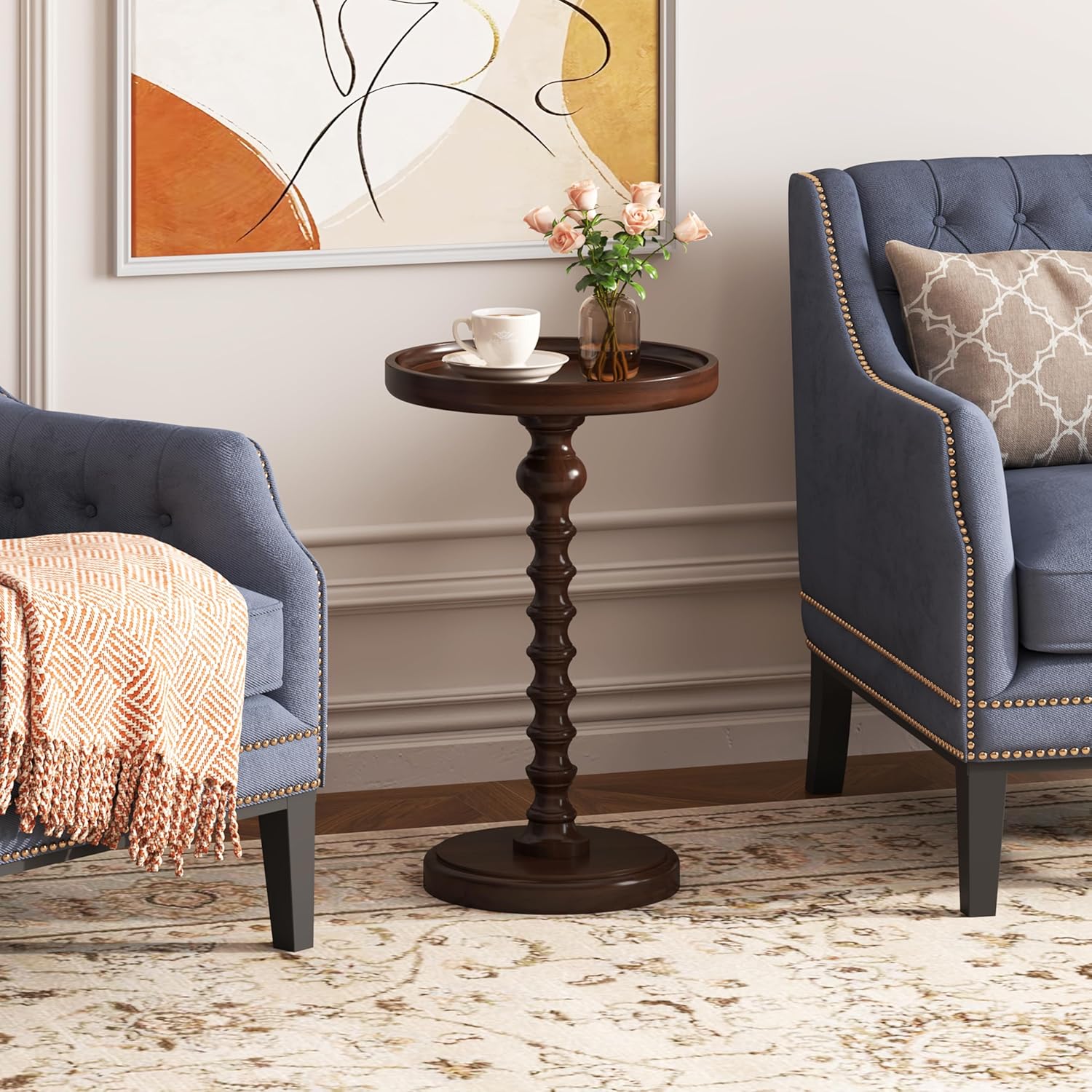 Yusong Round Side Table, Drink Table for Small Spaces, Mid-Century Accent End Table Nightstand Bedside Table for for Living Room, Bedroom, Corners, and Office (Walnut)