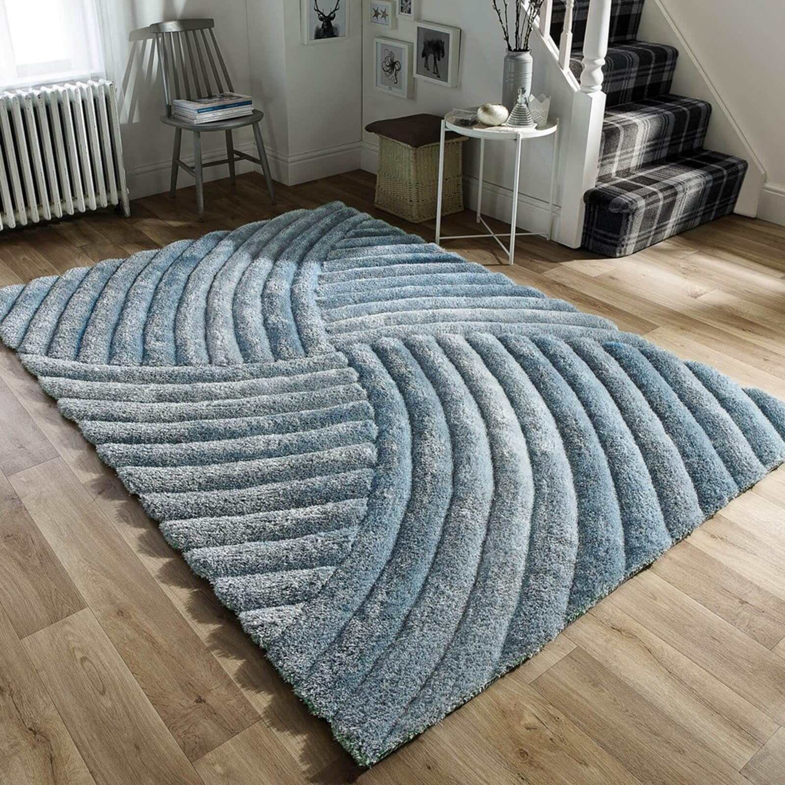 eRugs Modern Verge Furrow Deep Pile 3D Effect Waves/Swirls Patterned Hand Carved Shaggy Rug, Duck Egg Blue - 120 x 170cm