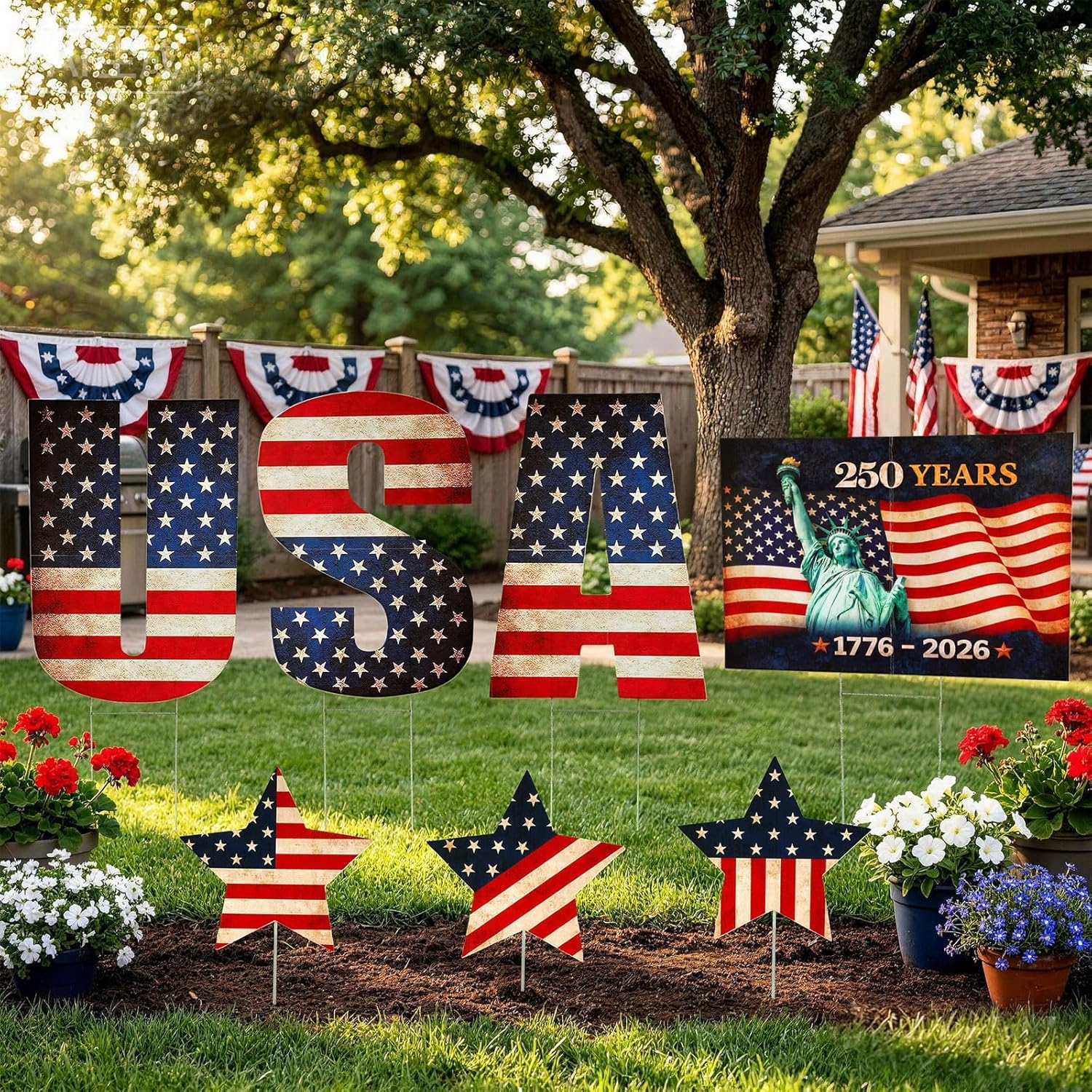 Unittype 7 Pcs Oversize USA Yard Signs 250th Anniversary Patriotic Flag Outdoor Lawn Decoration with Stakes 4th of July Red White Blue Garden Yard Signs for Independence Day 1776-2026 Commemorative
