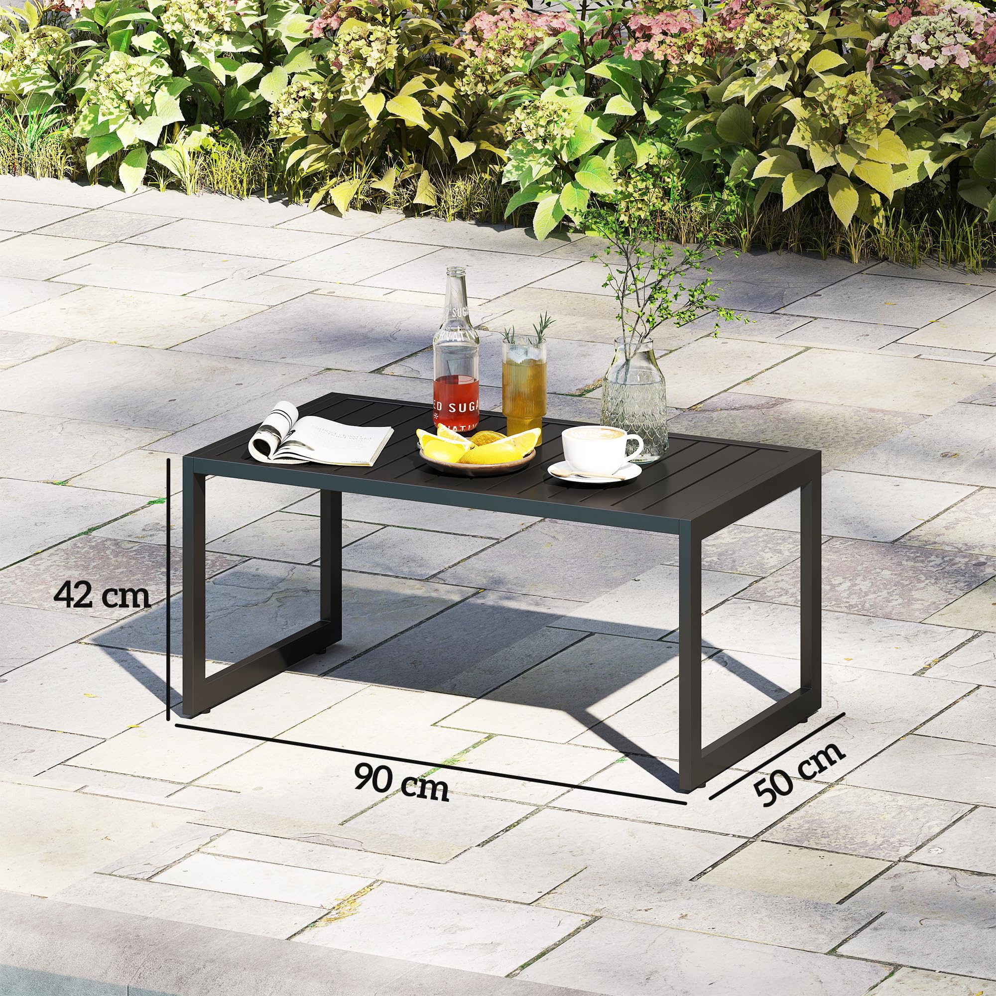 Outsunny Stolik pomocniczy z lamelami, stół balkonowy z aluminium, stolik kawowy, odporny na warunki atmosferyczne, łatwy w pielęgnacji, na balkon, do ogrodu, na taras, 90 x 50 x 42 cm, czarny