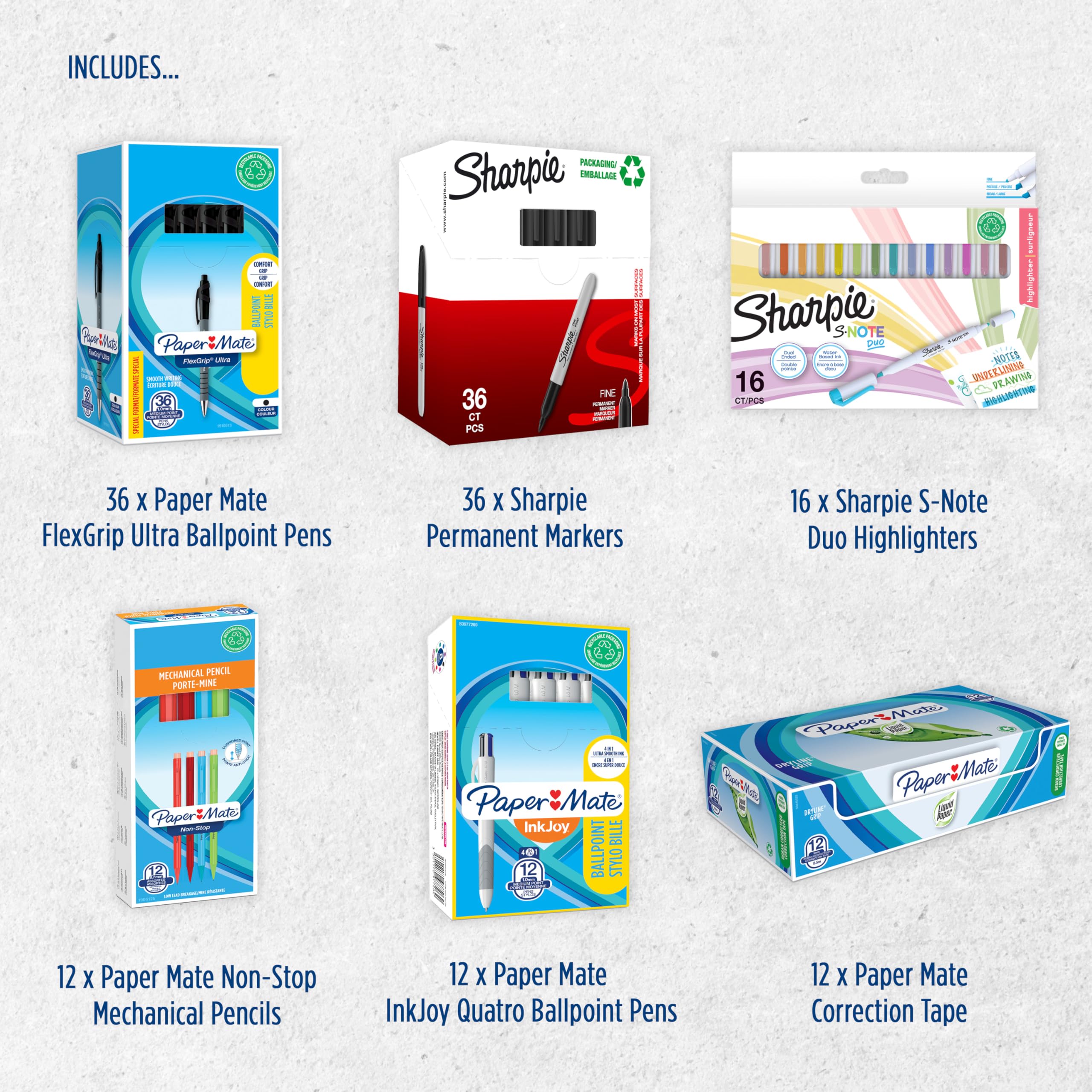 Paper Mate & Sharpie Pens & Marker Set | Stationery Supplies | Ballpoint PensHighlightersPermanent Markers Mechanical Pencils & Correction Tape | Perfect for Small Offices & School | 124 Count - Image 2
