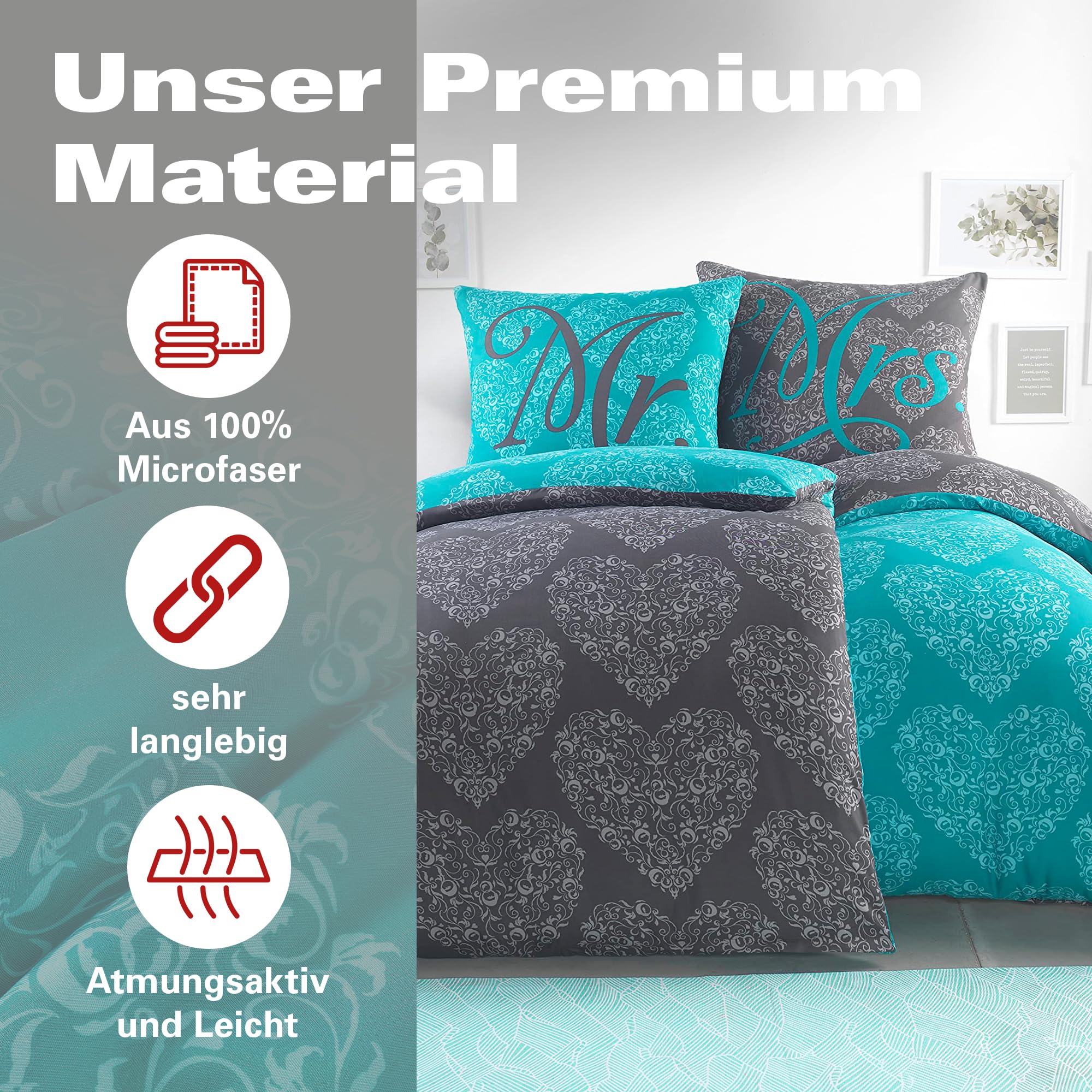 BaSaTex Partner Bettwäsche Set, 2X 155x220 + 2X 80x80, Ornamente | Designed für Paare, Öko_Tex Zertifiziert, 100% Mikrofaser, Atmungsaktiv und Temperaturausgleichend