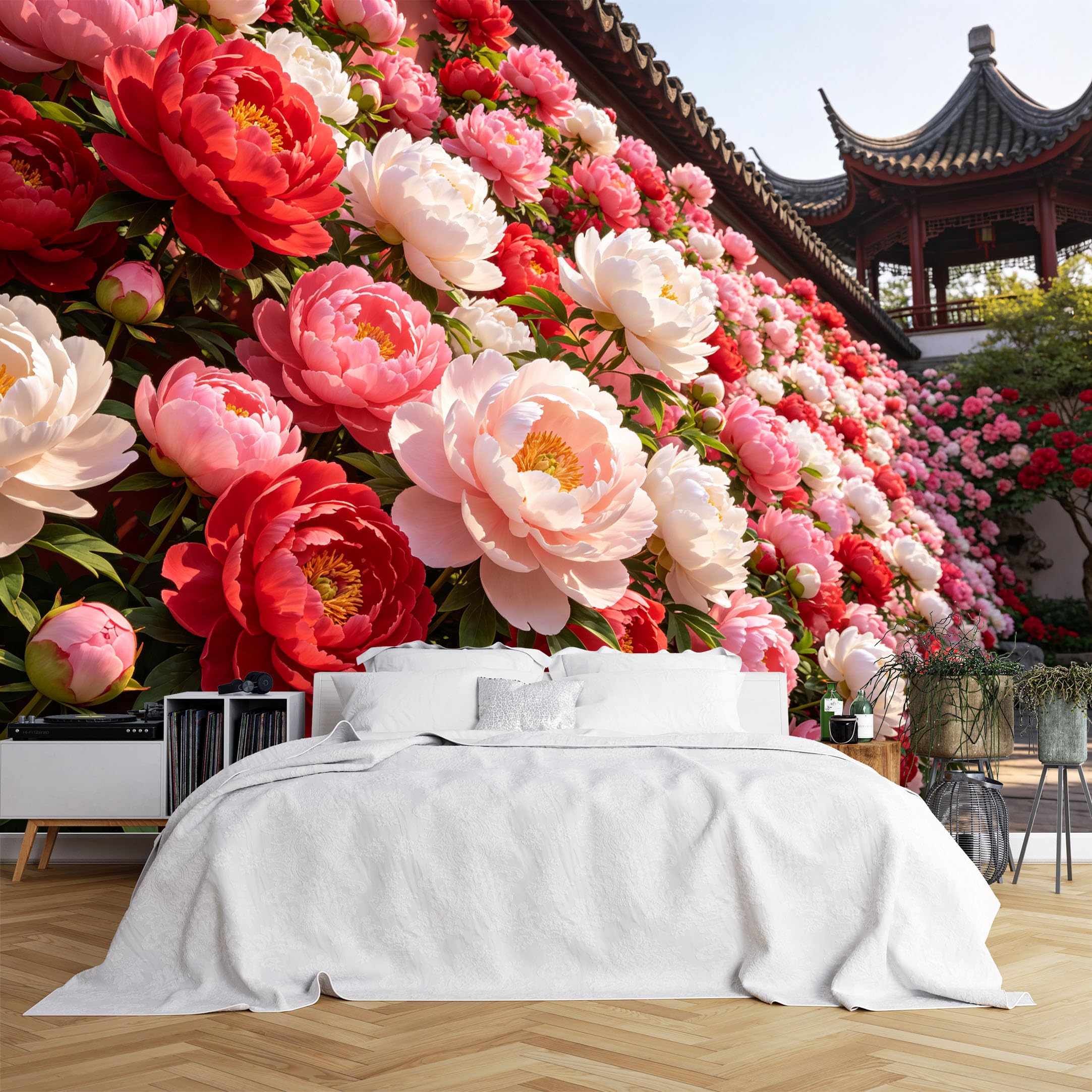 Lcythiazole Ch260615140 Custom Size Wall Murals Peony Flower Wall Chinese Pavilion Courtyard Wall Murals Vivid Oriental Wallpaper Full Wall Self-Adhesive Removable Wallpaper For Study Room