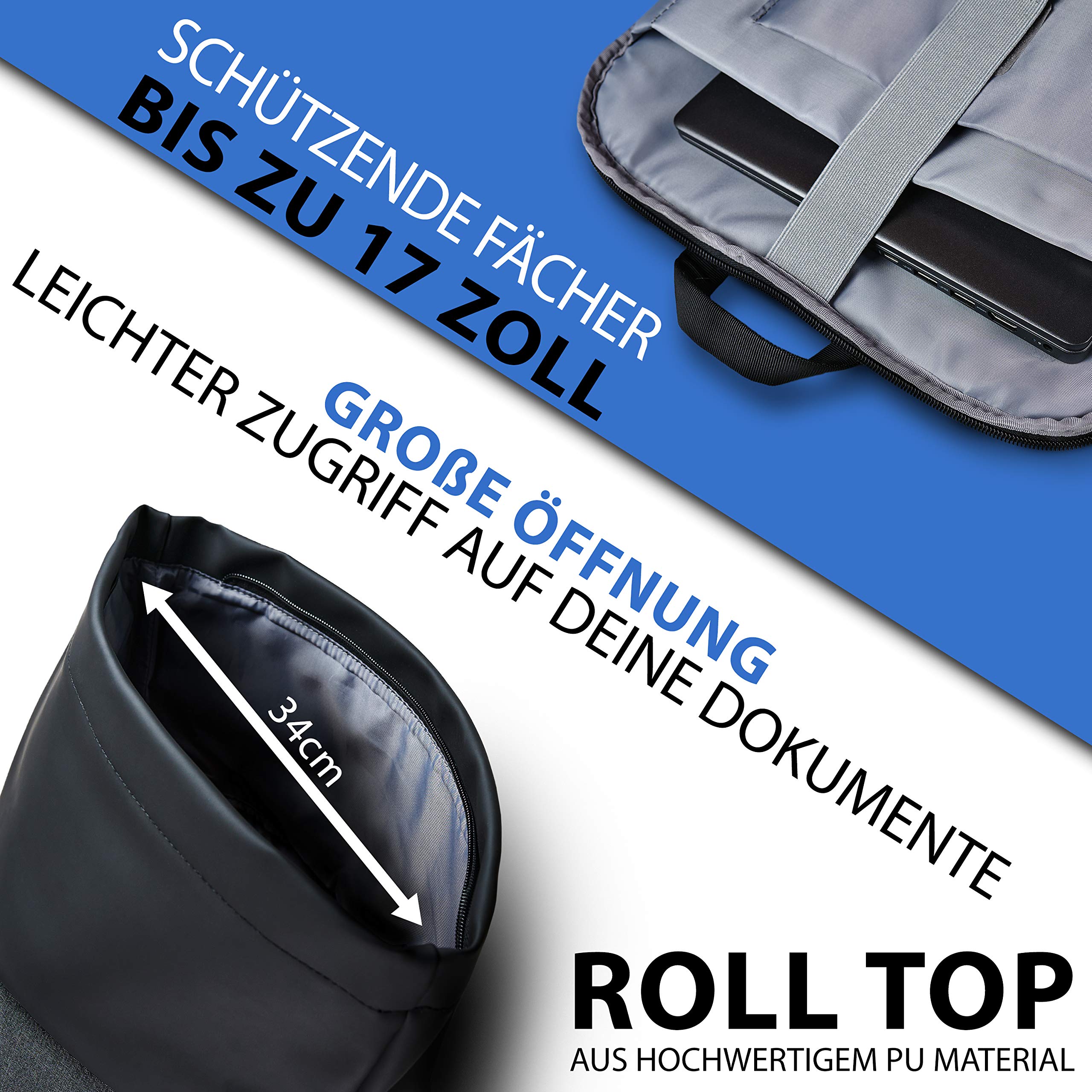 Wenter.S Rolltop Rucksack großer Kurierrucksack 25–30L anthrazit viele Taschen innen und aussen