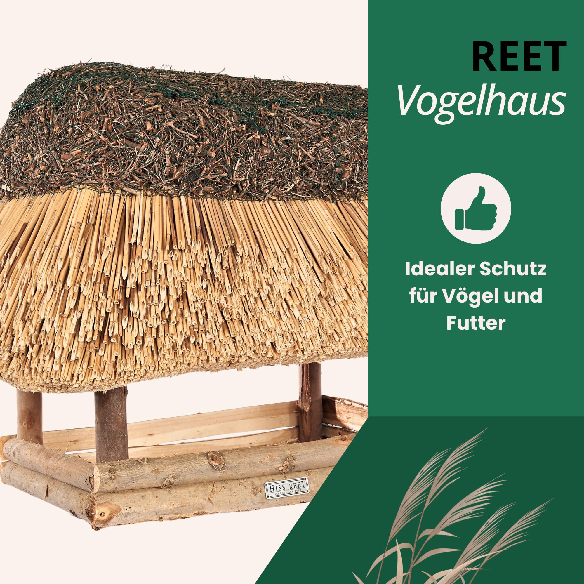 Vogelfutterhaus, Vogelhaus - mit Reetdach I Futterhaus für Vögel aus Eukalyptus Holz I LÜNEBURG I ideal für Balkon und Garten I wetterfest I XL Größe (ca. 65 cm Länge)