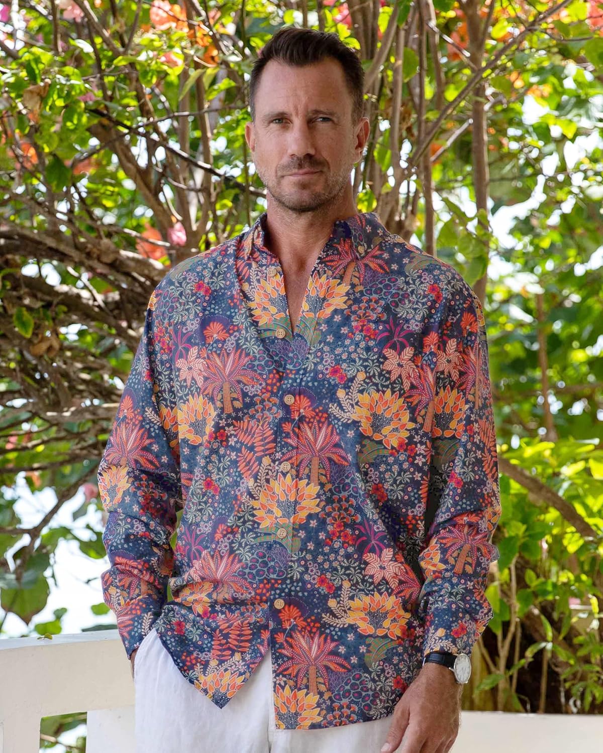 Men's Hawaiian Shirt Quirky Plants Print Cotton Button-Down Long Sleeve Aloha Shirt Quirky Plants Long Sleeve Shirt