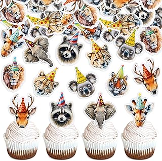 Ercadio 40 Pack Edible Animal Cupcake Toppers Picks Lion Elephant Tiger Leopard Giraffe Raccoon Sloth for Spring Jungle Theme Baby Shower Birthday Party Cake Decorations Supplies