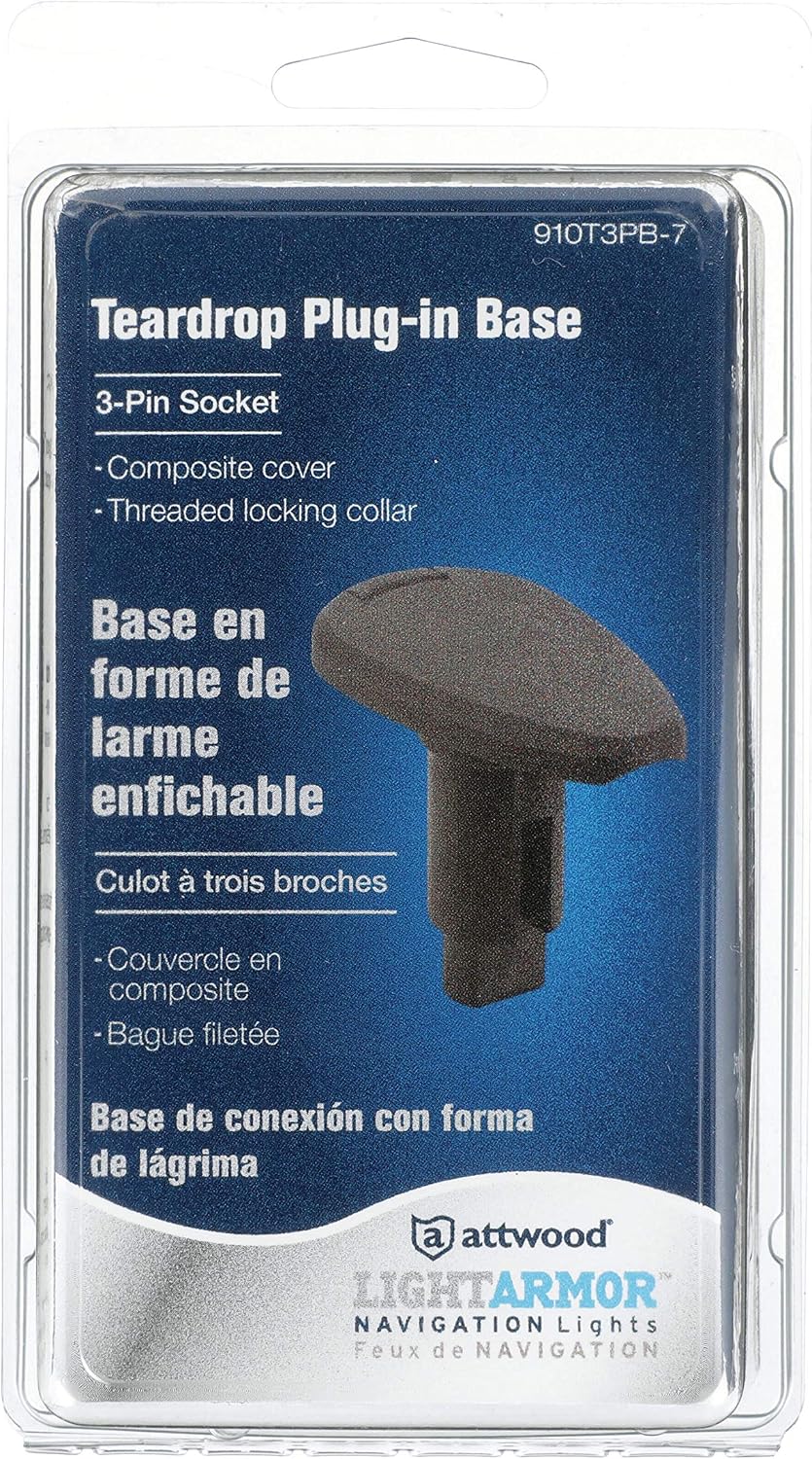 Attwood 910T3PB-7 LightArmor™ 910R Series Teardrop Plug-in Light Base — for All-Around Pole Light, 3-Pin, Black Composite Cover