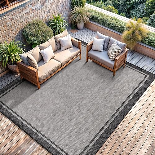 CAMILSON Alfombra para interiores y exteriores, alfombra moderna con borde gris de 6 x 9 pies, para patios interiores y exteriores, alfombras de